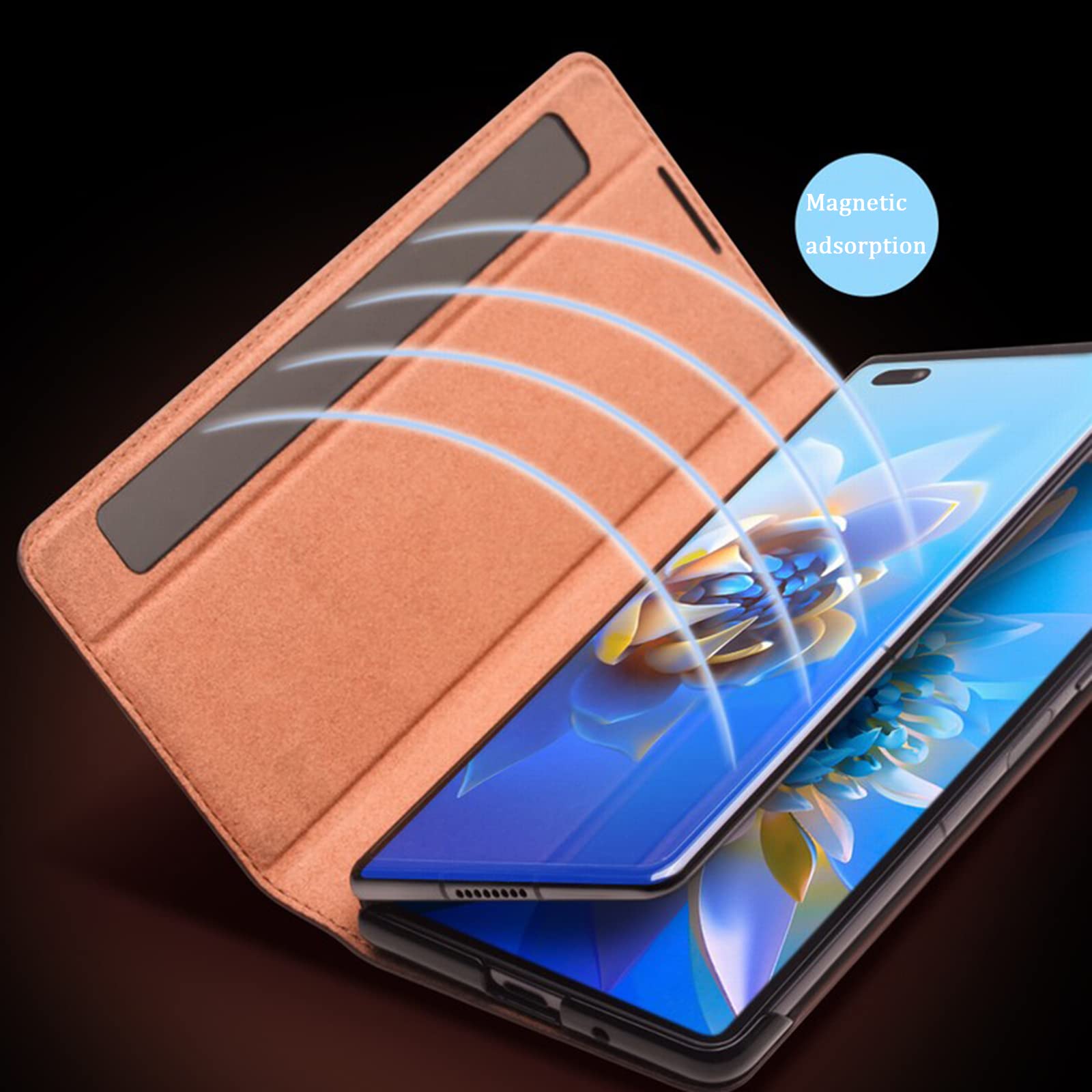 Etui kompatybilne z Huawei Mate X2, prawdziwa skóra pokrowiec z klapką przezroczysty widok okno podpórka inteligentny sen/budzenie magnetyczne zamknięcie, skórzane etui do Huawei Mate X2, czarne