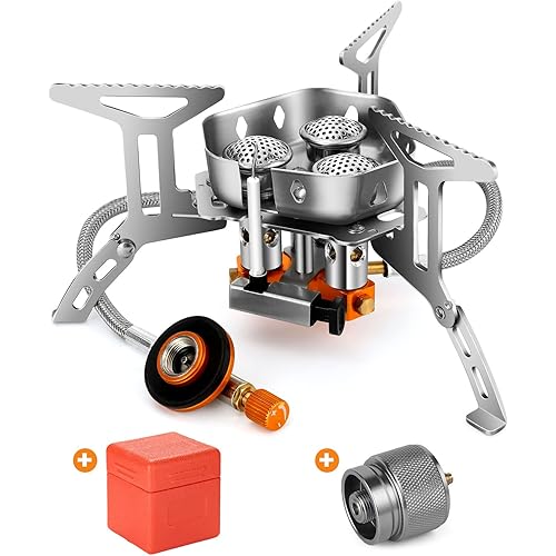 Odoland 3500W/6800W Windproof Camp Stove Camping Gas Stove with Fuel Canister Adapter, Piezo Ignition, Carry Case, Portable Collapsible Stove Burner for Outdoor Backpacking Hiking and Picnic