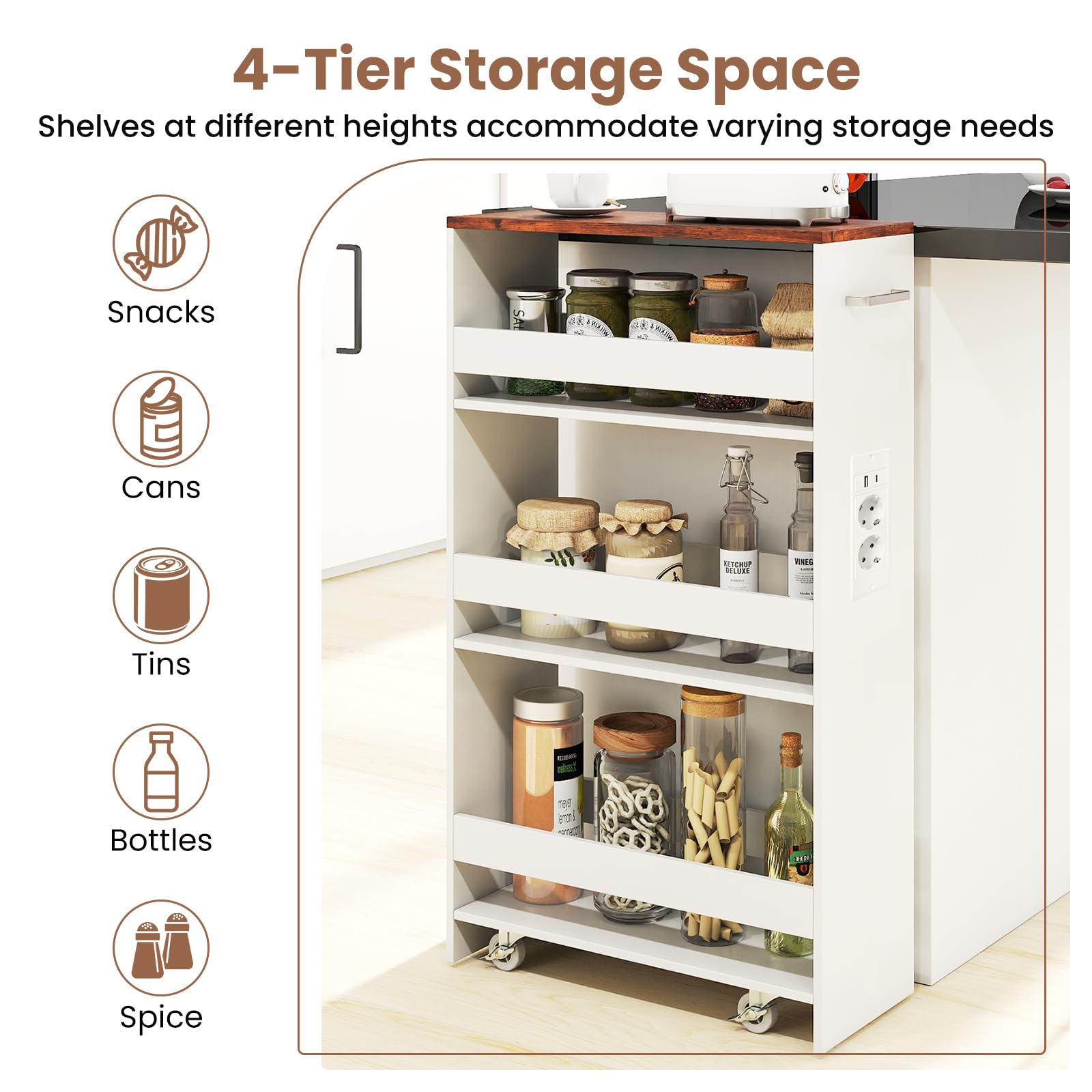 KOMFOTTEU Carro de Cocina de 4 Niveles, Carrito Auxiliar con Estación de Carga, Carrito Estrecho Ahorra Espacio con 4 Ruedas, Mueble de Almacenaje para Baño (Blanco e Industrial, 47,5 x 20 x 80,5 cm)