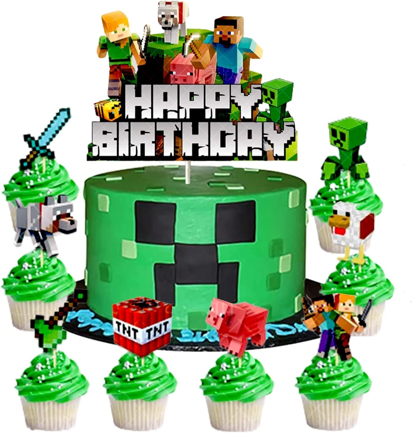CGCHAONI 9PCS Pixel Miner Party Cake Toppers - Fun Birthday Decorations for Boys and Girls, Perfect Pixel Themed Game Theme Party Supplies