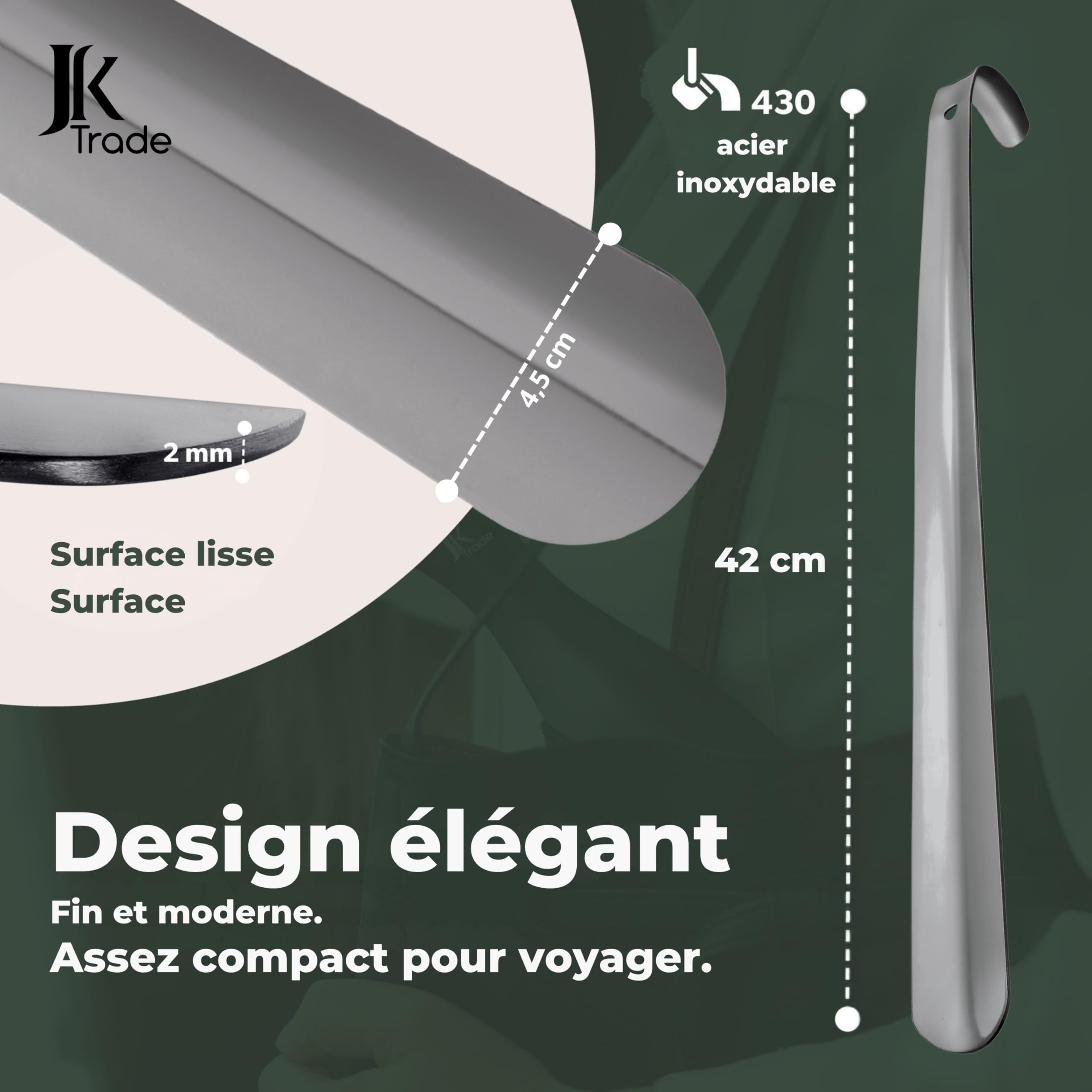 JK Trade Chausse-pied long en acier inoxydable stable de 42 cm - Long chausse-pied en acier inoxydable - Rapide et facile - Longueur et largeur optimisées - Shoe Horn Business - Anthracite