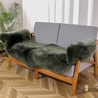 Premium Genuine Fur Sheepskin Rug, Real Australia Sheepskin Natural Luxury Fluffy Lambskin Fur Area Rug Seat Covers for Kids Bedroom Sofa Chair Cover (Dark Green, Double Pelt/2ft x 6ft)