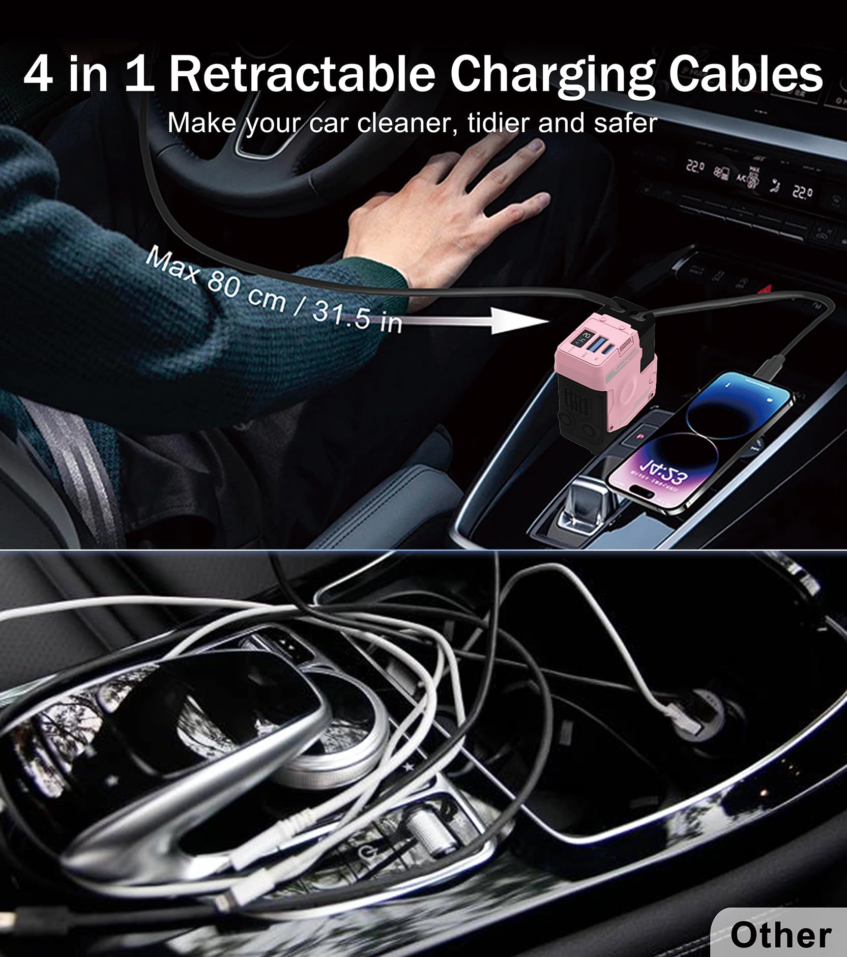 Cargador retráctil para coche, cargador de teléfono retráctil 4 en 1 con carga rápida de 66 W, 2 cables retráctiles y 2 puertos USB-C USB-A compatibles con iPhone 17/16/15/14/13/12, Samsung, Galaxy