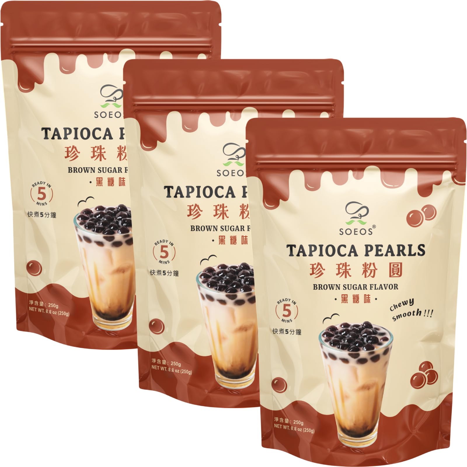 Soeos Boba Pearls, Black Tapioca Pearls 8.8 oz(Pack of 3), Black Sugar Flavor Boba Pearls for Bubble Tea, Smoothies & Desserts – Sweet, Chewy, and Ready to Cook