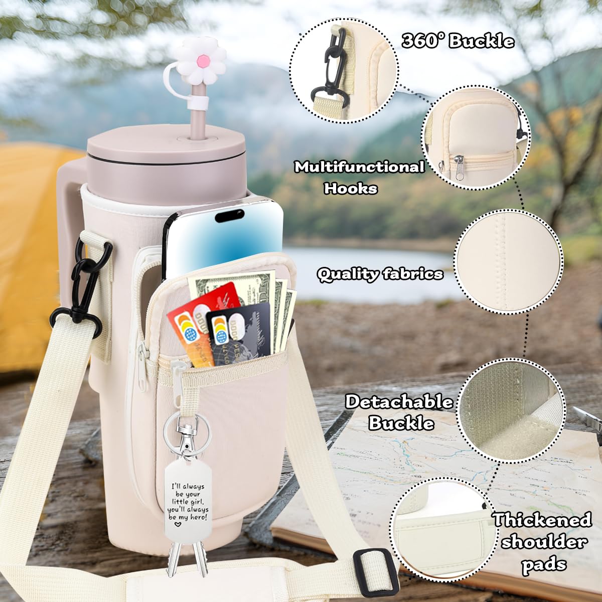 Sanilinwild 40 oz Tumbler with Handle and Straw Water Bottle Holder with Phone Pocket-BPA-Free-Easy to Carry-Travel Coffee Mug - Image 3