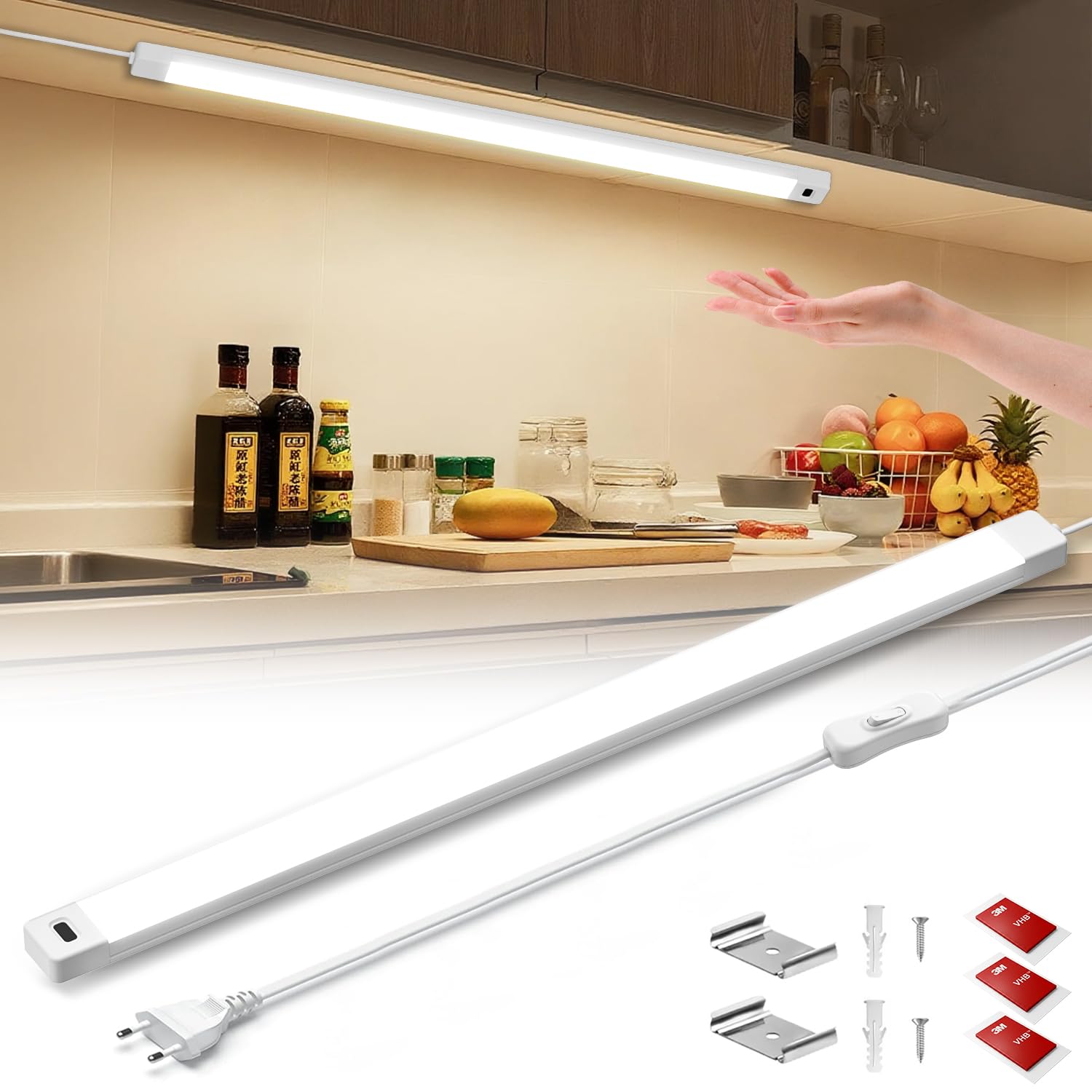 Macchiatto Lampa podszafkowa LED do kuchni, 55 cm, 4000 K (neutralna biel), z czujnikiem bezdotykowym, ultra cienkie światło do szafki pod szafkę, oświetlenie szafki kuchennej, do stołu warsztatowego