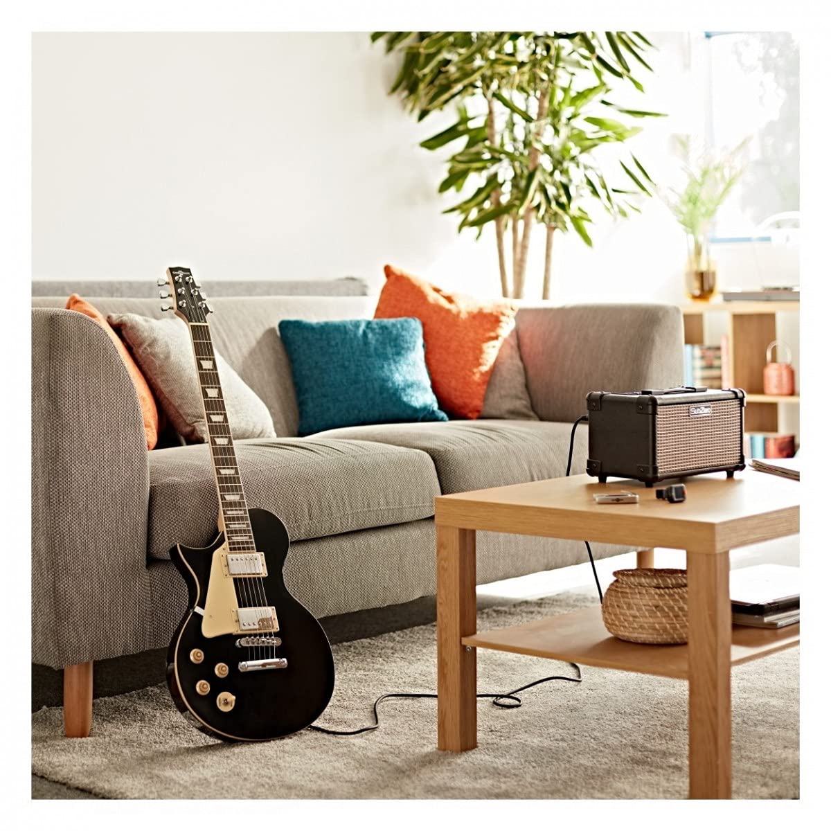 Pacchetto Chitarra Elettrica Mancini Principianti, Ampli 15W | Design Mancino con Ampli 15W e Accessori, Due Humbucker Chiusi Cromati, Top in Acero Fiammato, Manico