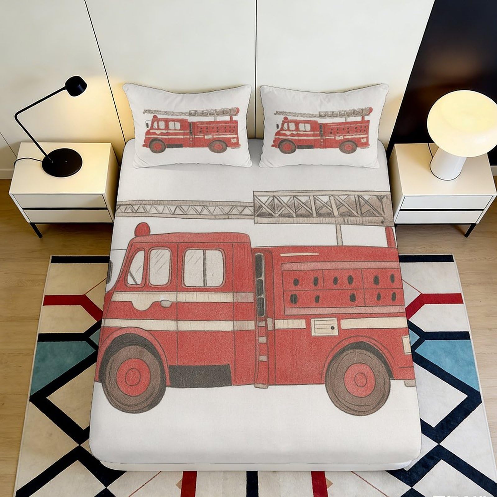 3D Printed Fire Truck Fitted Sheet Microfiber Soft Breathable Cartoon Fire Engine Bed Cover for Bedroom Guest Room Decor 90x200x25cm