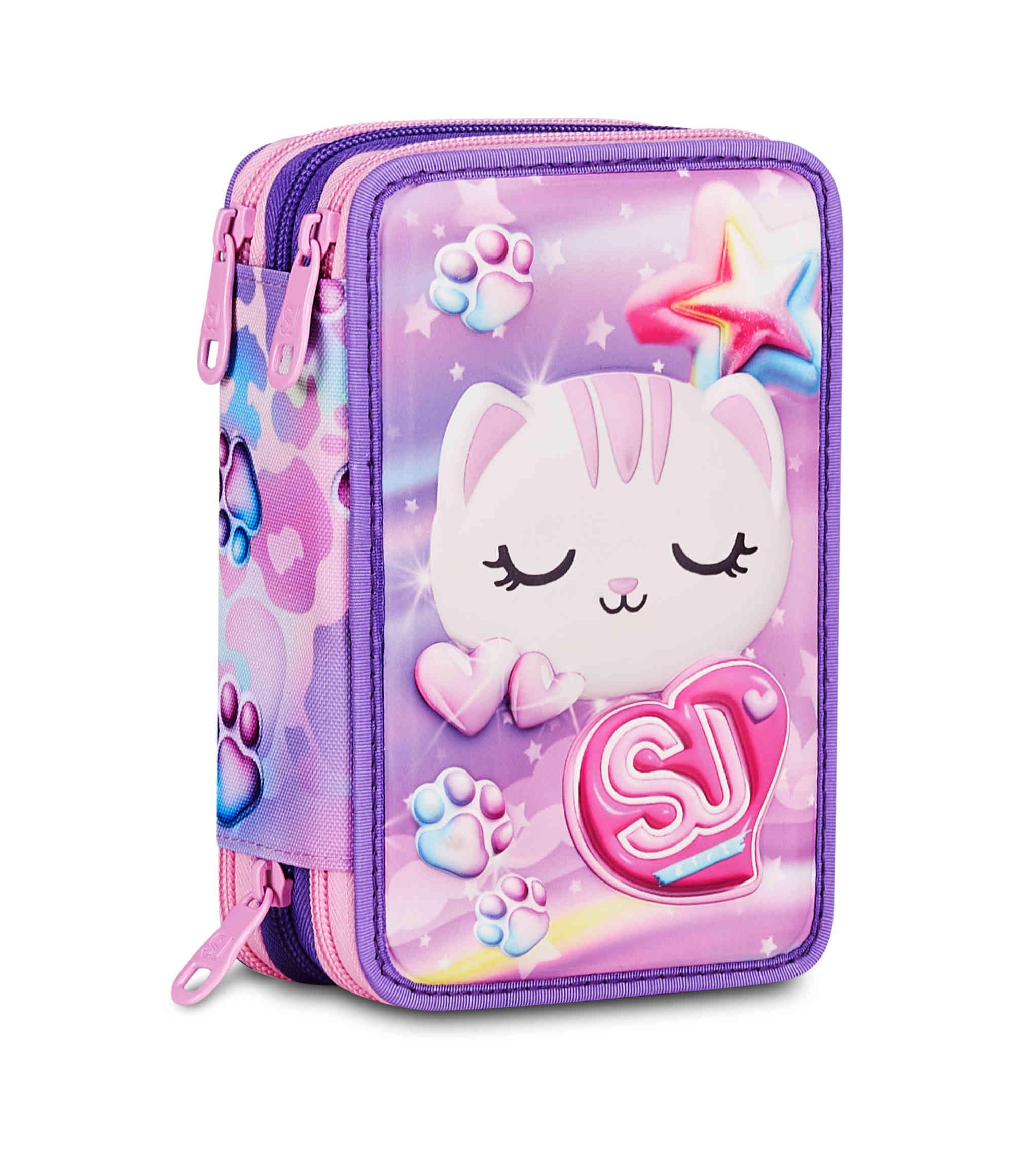 Astuccio Scuola 3 Zip 3D GLOWCAT Rosa Triplo Scomparto Scocca semi rigida 45 pezzi