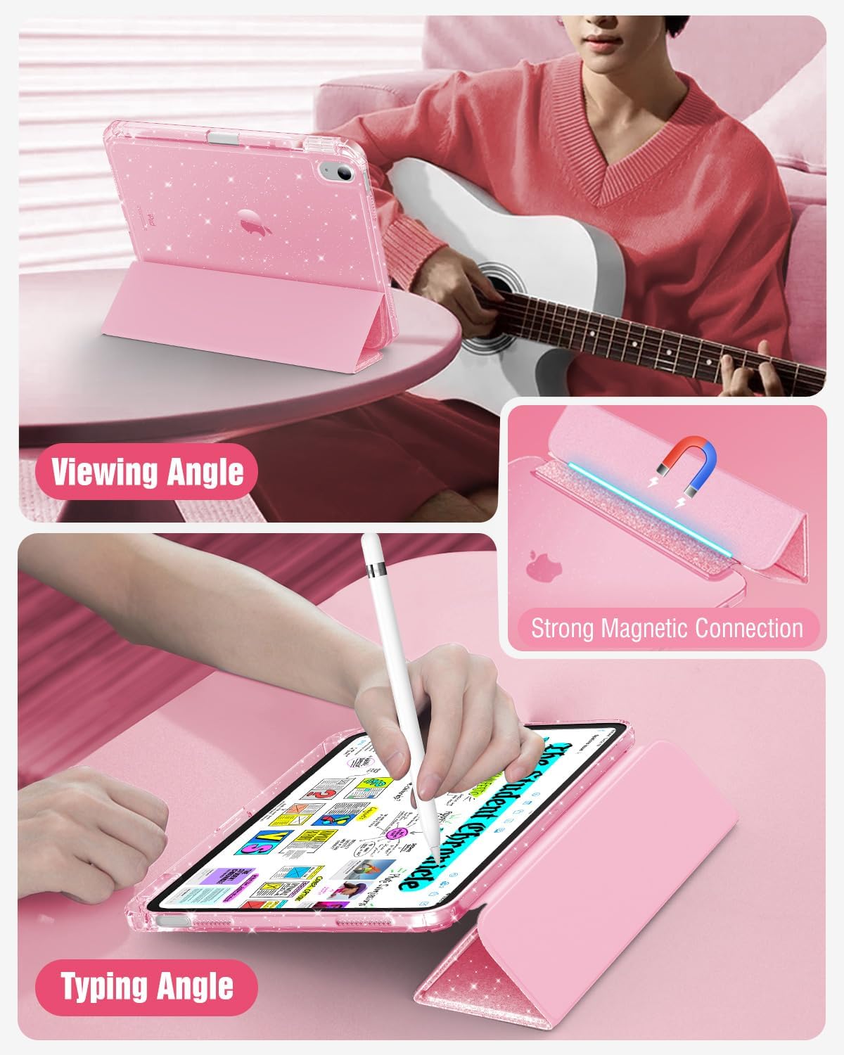 MoKo Glitter Case for iPad (A16) 11th/10th Gen 2025/2022, Glitter Pink | Trifold Stand Folio Case Sparkly Glitter Smart Cover with Pencil Holder Auto Wake/Sleep Soft Flexible TPU bling Cover