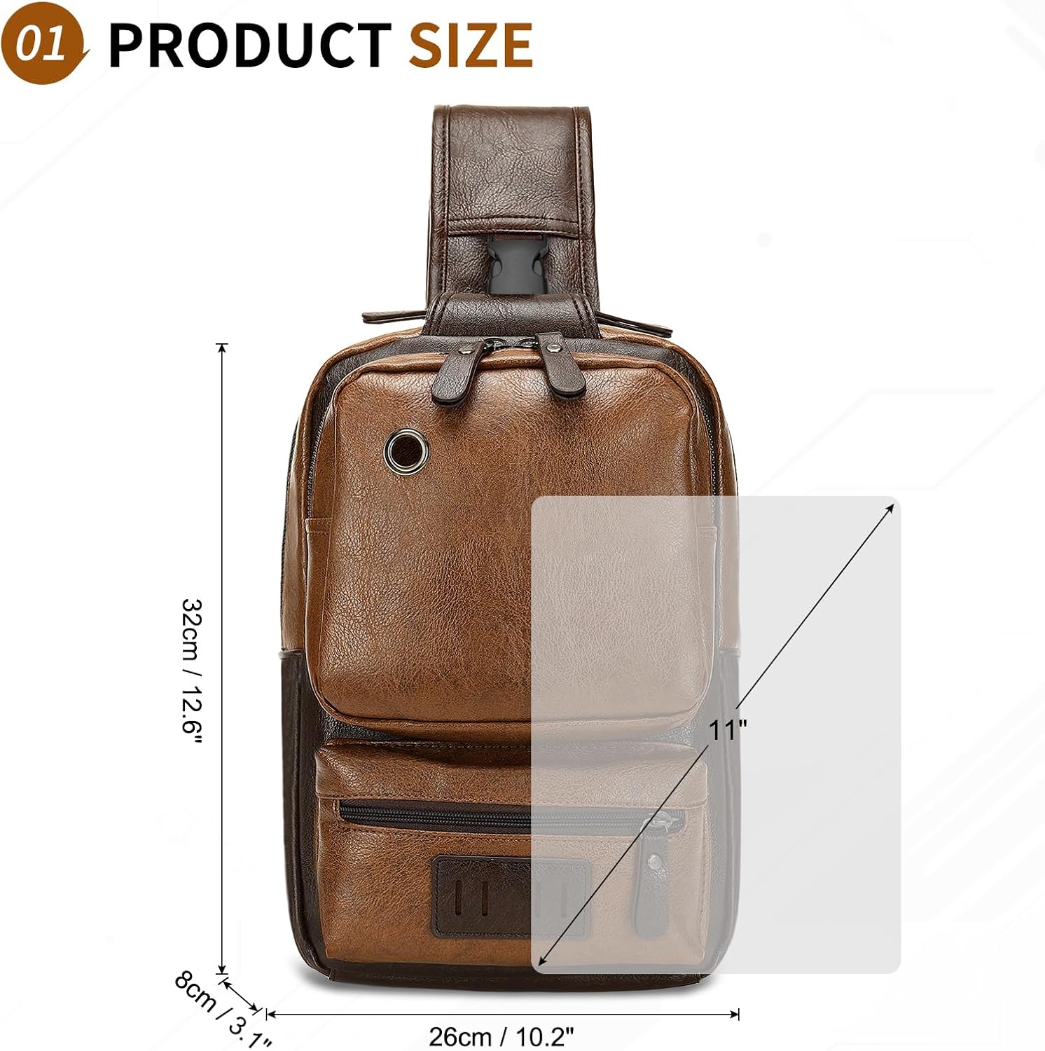 Vintage PU Leather Sling Backpack for Men, Crossbody Bag, Adjustable Shoulder Strap (Light Brown) - Image 3