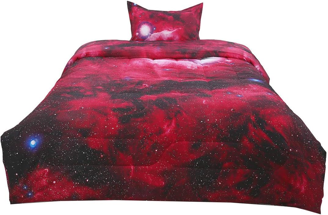 uxcell Twin Comforter Set Galaxy Red for Twin Bed -3D Outer Space Themed Bedding - All-Season Down Quilted Duvet - Reversible Design- Includes 1 Comforter & 1 Pillowcase