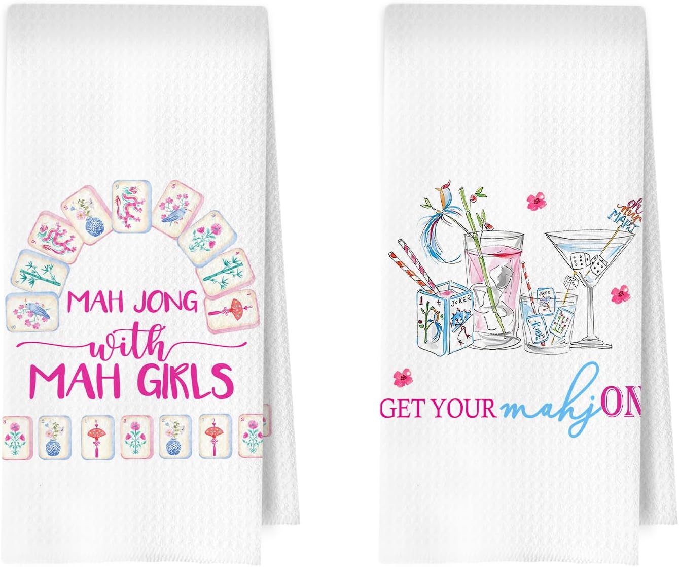 Mahjong Cocktail Kitchen Towels Set - Mahjong Gitfs Waffle Decorative Dish Towels, Cocktail Lover Gifts Hand Towel, Mah Jong Accessories Tea Twoel, 16x24 Inches Set of 2
