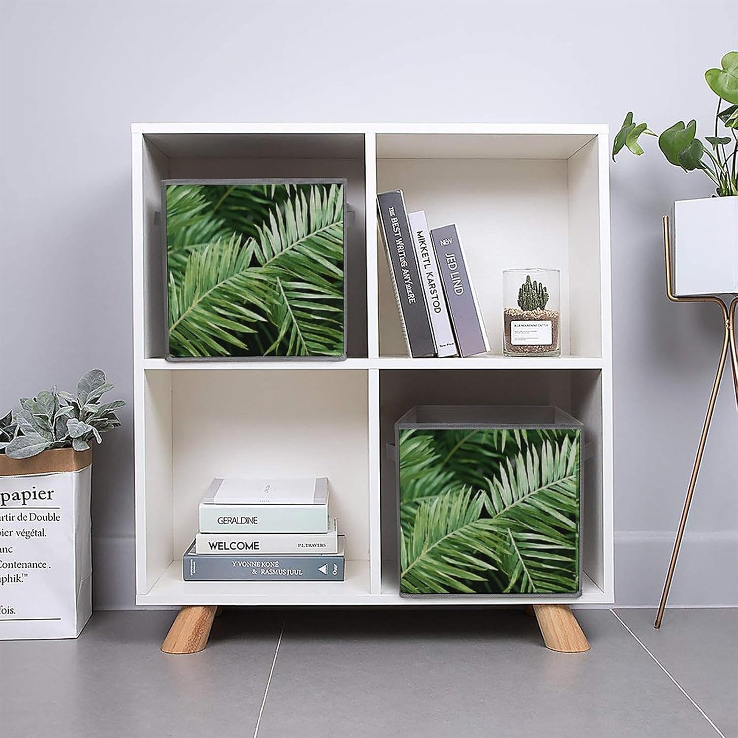 Palm Tree Leaves Storage Cubes Set of 6 Storage Bins with Handles Collapsible Storage Basket Fabric Storage Box for Shelves Large Closet Shelf Organizer for Organization 11 Inch