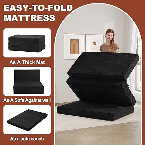 Miniatura 6 de 6-Inch Tri-Fold Foldable Mattress, Folding Sofa Bed with Removable Washable Cover, Portable Futon Mattress Full Size Floor Guest Mat with Non-Slip