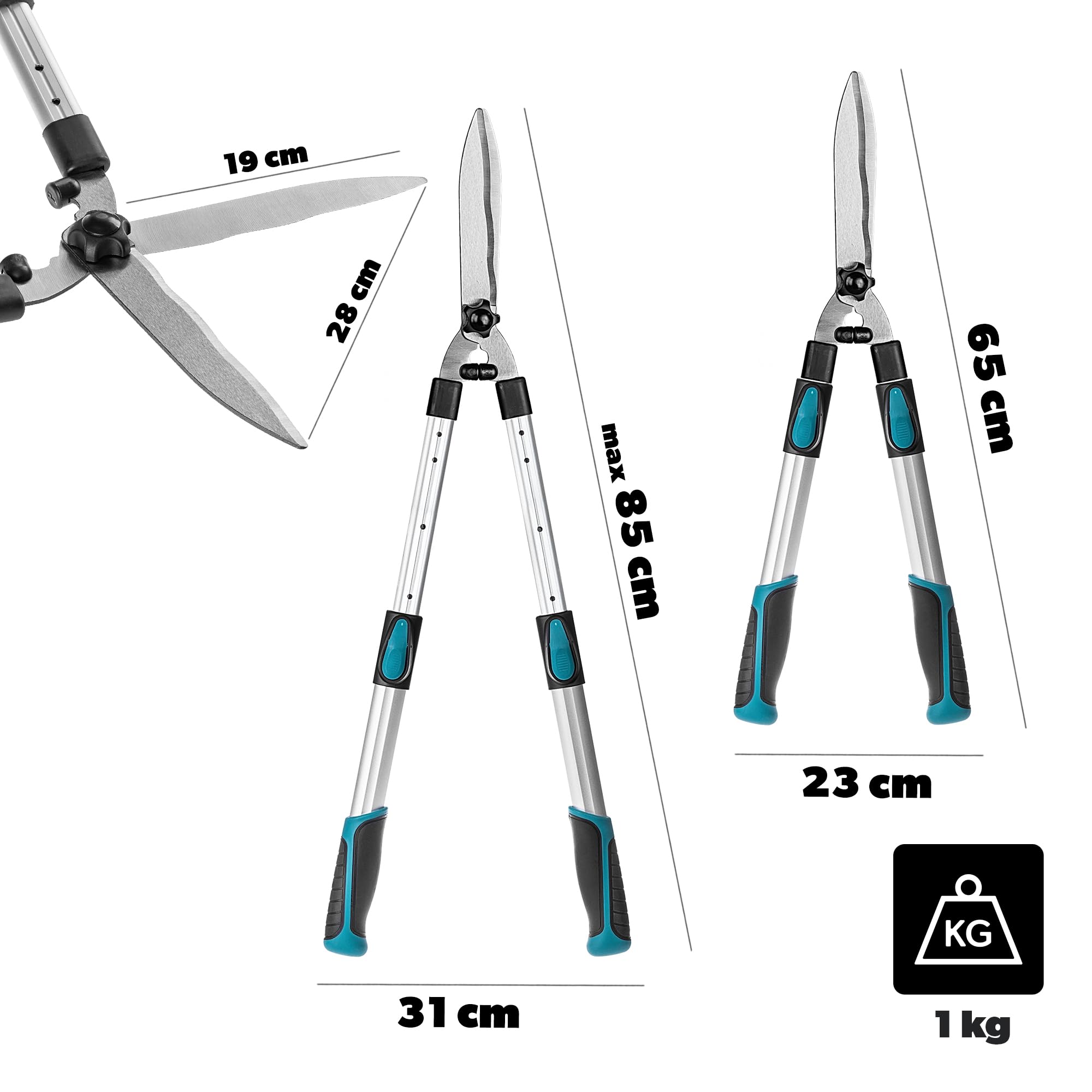 KADAX Teleskop Heckenschere 65–85 cm, manuelle Gartenschere mit ausziehbaren Aluminiumgriffen und scharfen Stahlklingen, Astschere für Hecken, Strauchschere