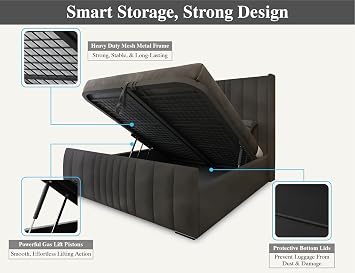 Manhattan King Size Bed Frame with Storage, Modern Velvet Ottoman King Size Beds with storage, Luxury Panelled Frame with Metal Mesh Base & 48