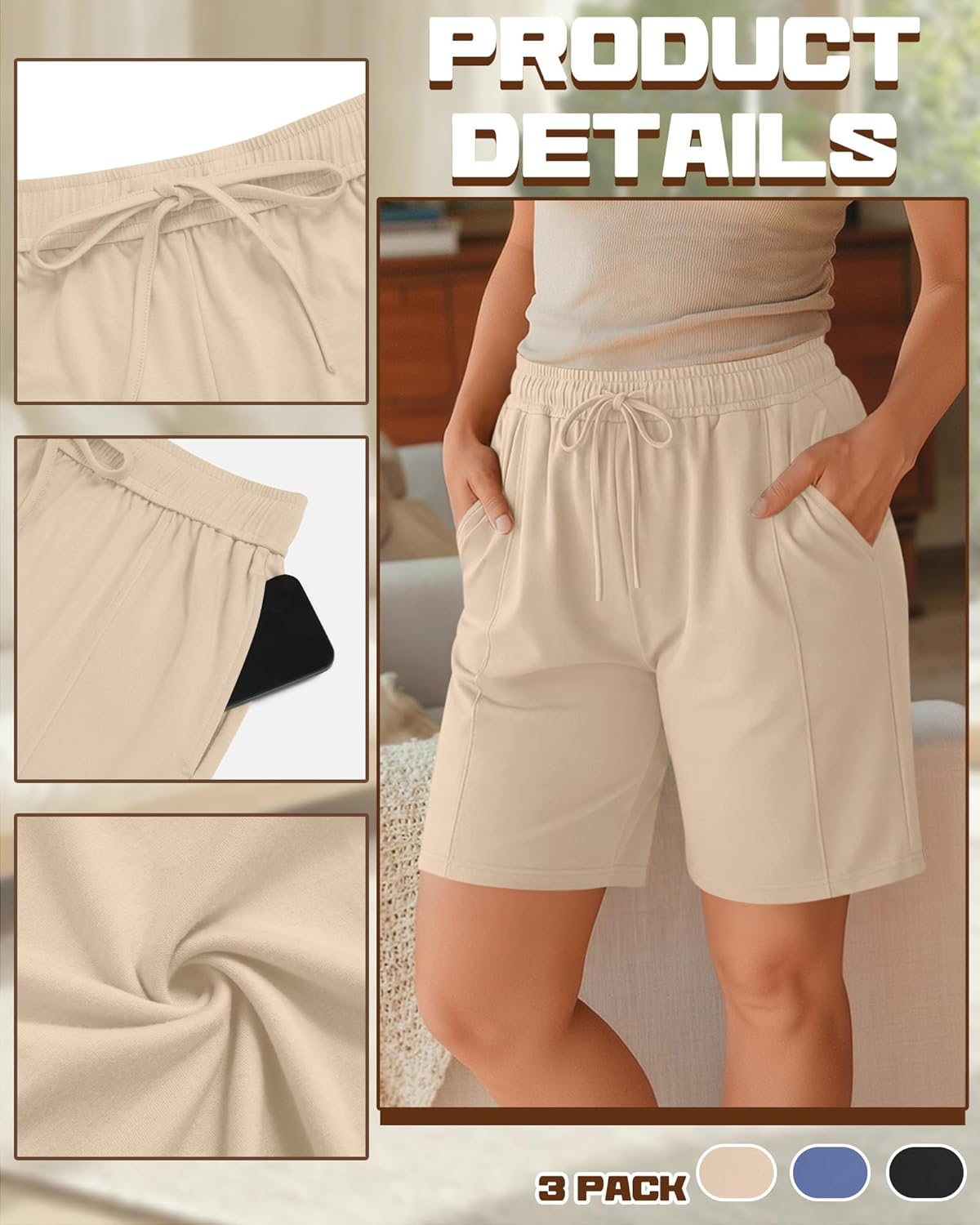 3 Pack Women's Plus Size Bermuda Shorts Wide Leg Elastic Drawstring Athletic Shorts Yoga Pants with Pockets
