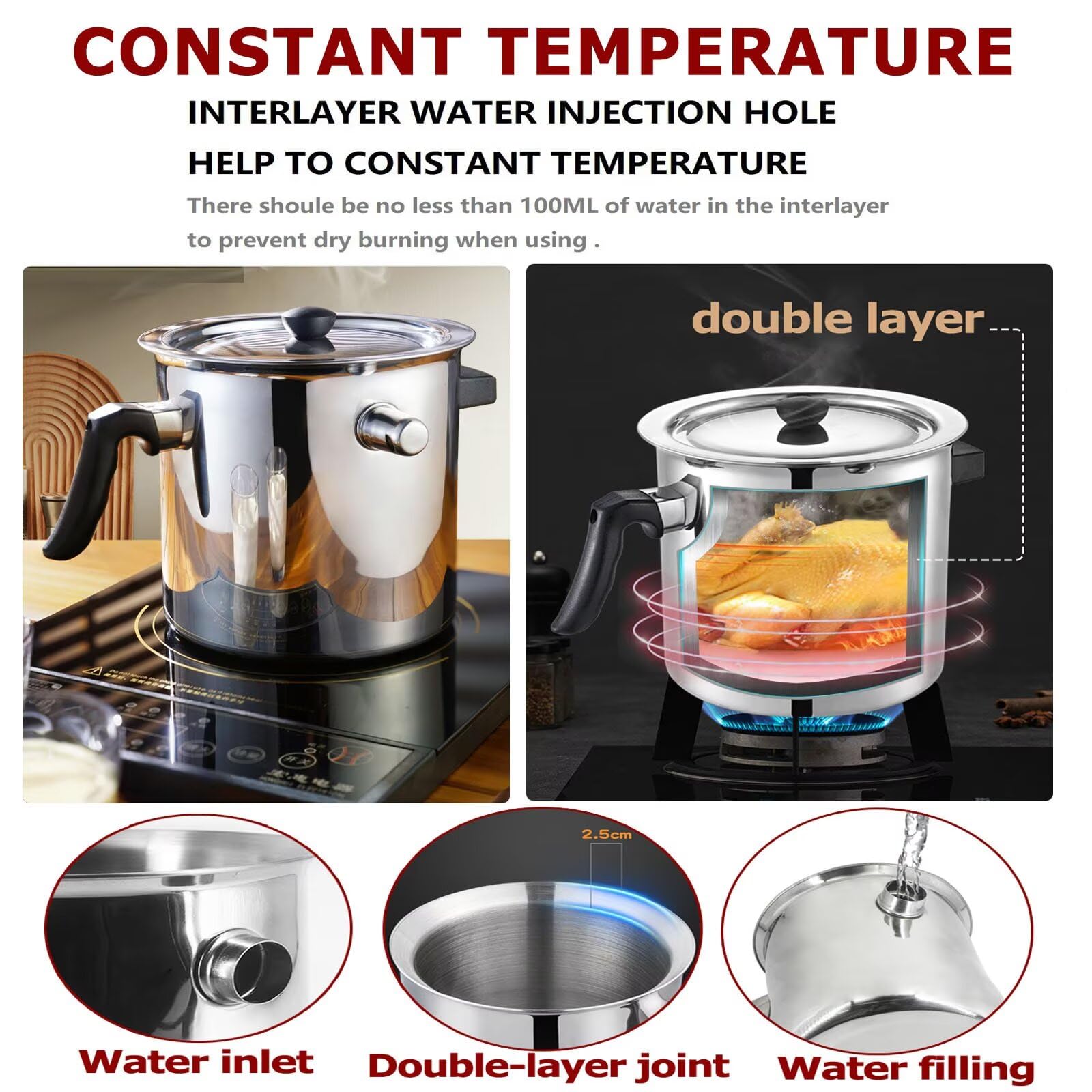 Doppelwandiger Milchtopf mit konstanter Temperatur, Edelstahl-Kochtopf mit Pfeife und Wassereinfüllstutzen, hitzebeständiger Griff, Milchtopf mit Deckel für Gas- und Induktionsherde