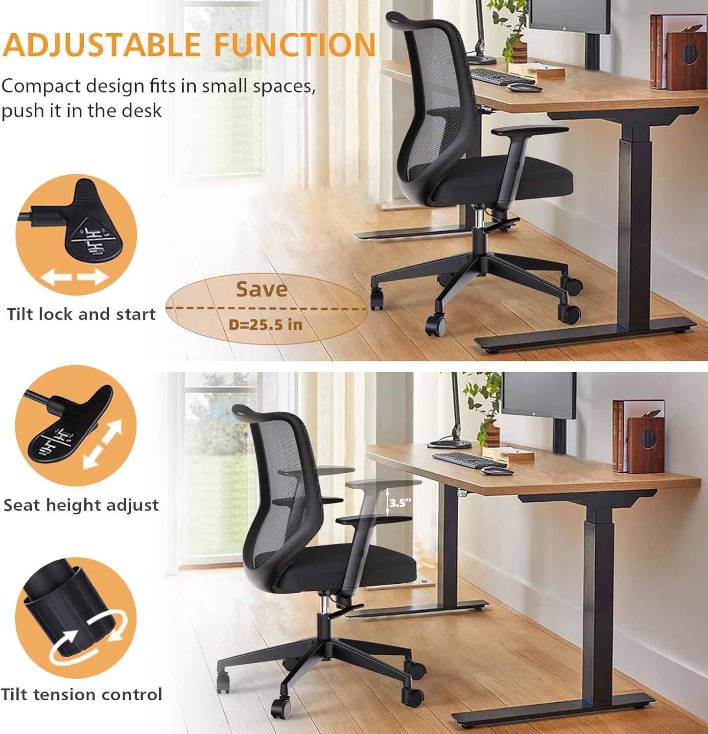 Etasker Ergonomic Office Chair Home: Mesh Desk Chair with Adjustable Arms - Mid Back Computer Chairs for Women Adults - Swivel Task Chair Comfortable for Home Office (Black) : Home & Kitchen