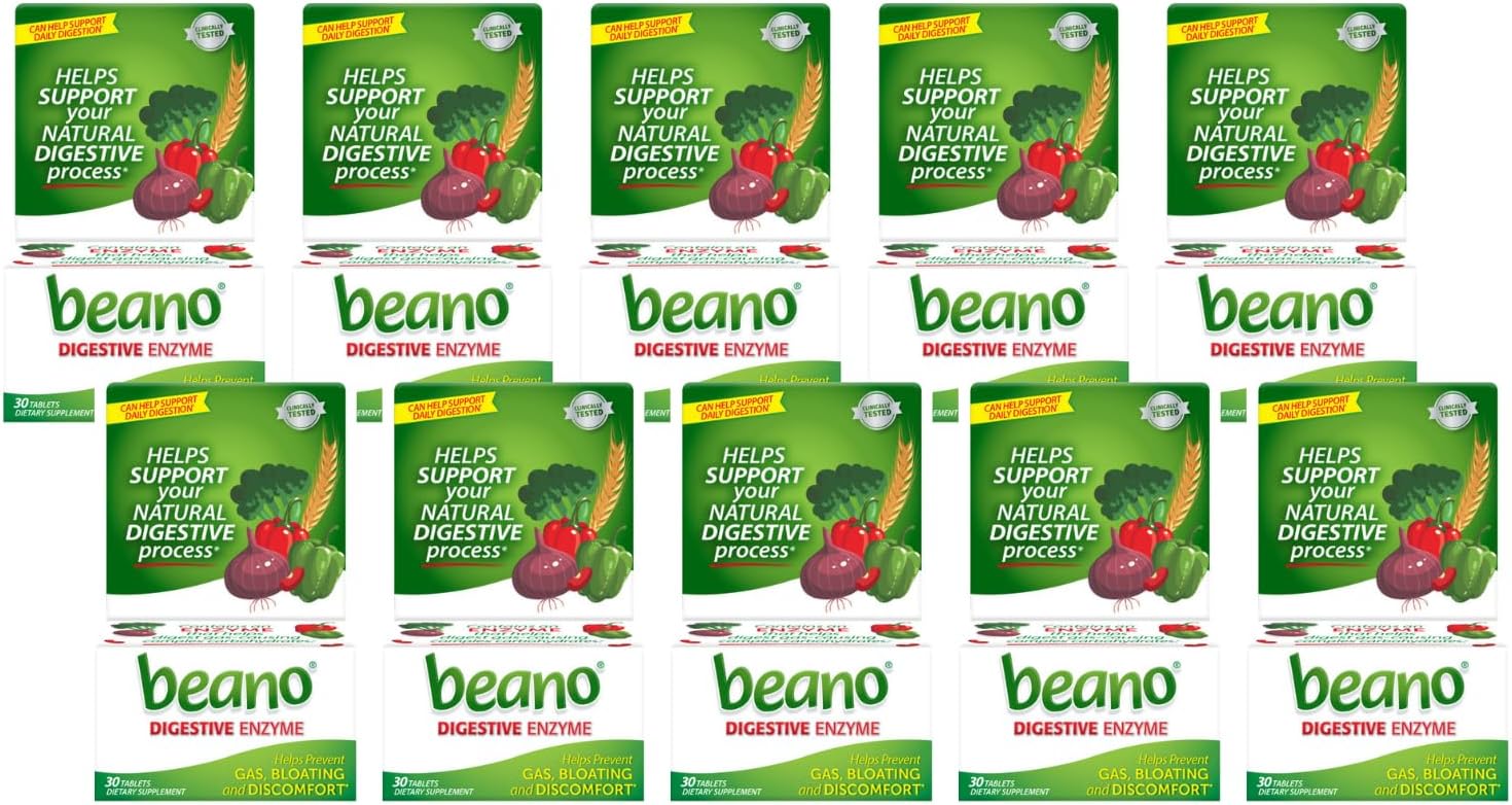 Beano Digestive Enzyme, Bloating Relief and Gas Prevention, Enzymes for Digestion, 30 Count (Pack of 10)