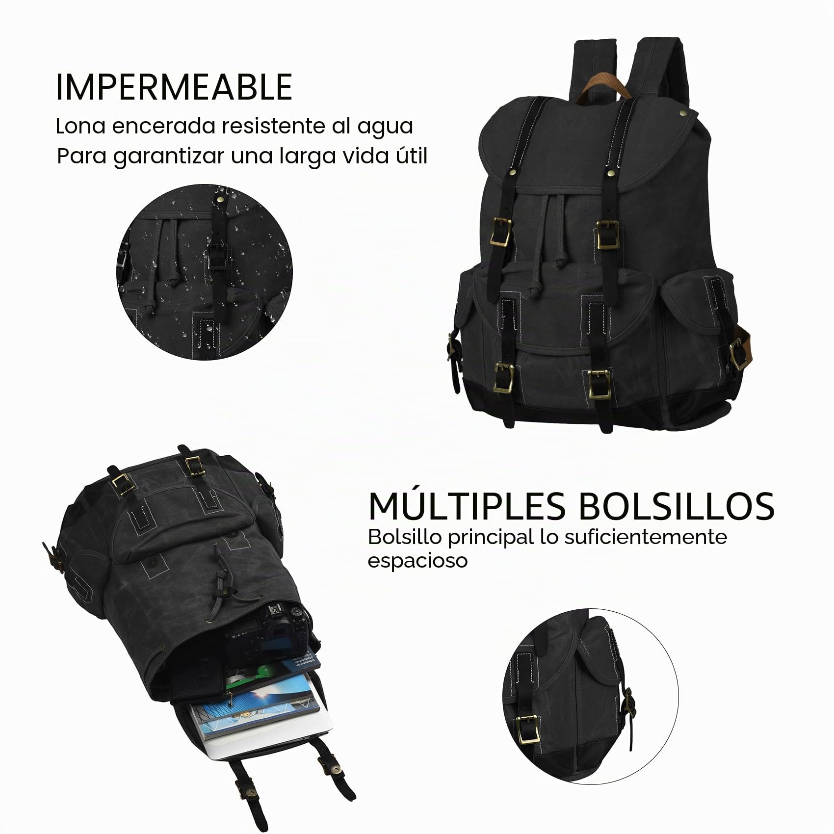 Mochila Hombre Lona Encerada Mochila de Viaje Mochila Escolar Vintage Durable y Resistente al Agua