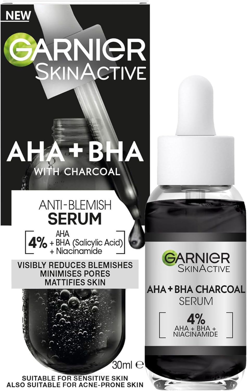 Garnier Skinactive 4% AHA + BHA (Salicylic Acid) & Niacinamide Charcoal Serum, Resurface & Smooth Skin Texture, Improve Appearance Of Marks & Blemishes, Suitable for Sensitive Skin, 30ml - Amazon product rated Grade A