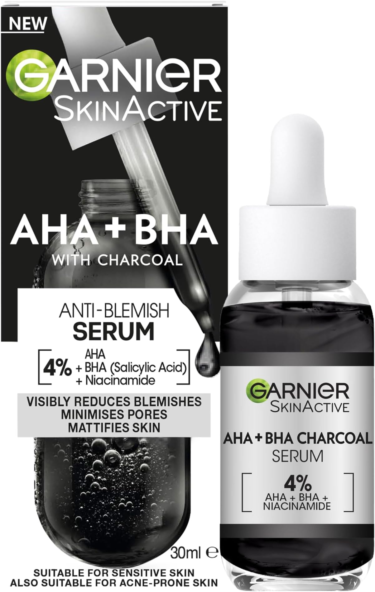 Skinactive 4% AHA + BHA (Salicylic Acid) & Niacinamide Charcoal Serum, Resurface & Smooth Skin Texture, Improve Appearance Of Marks & Blemishes, Suitable for Sensitive Skin, 30ml