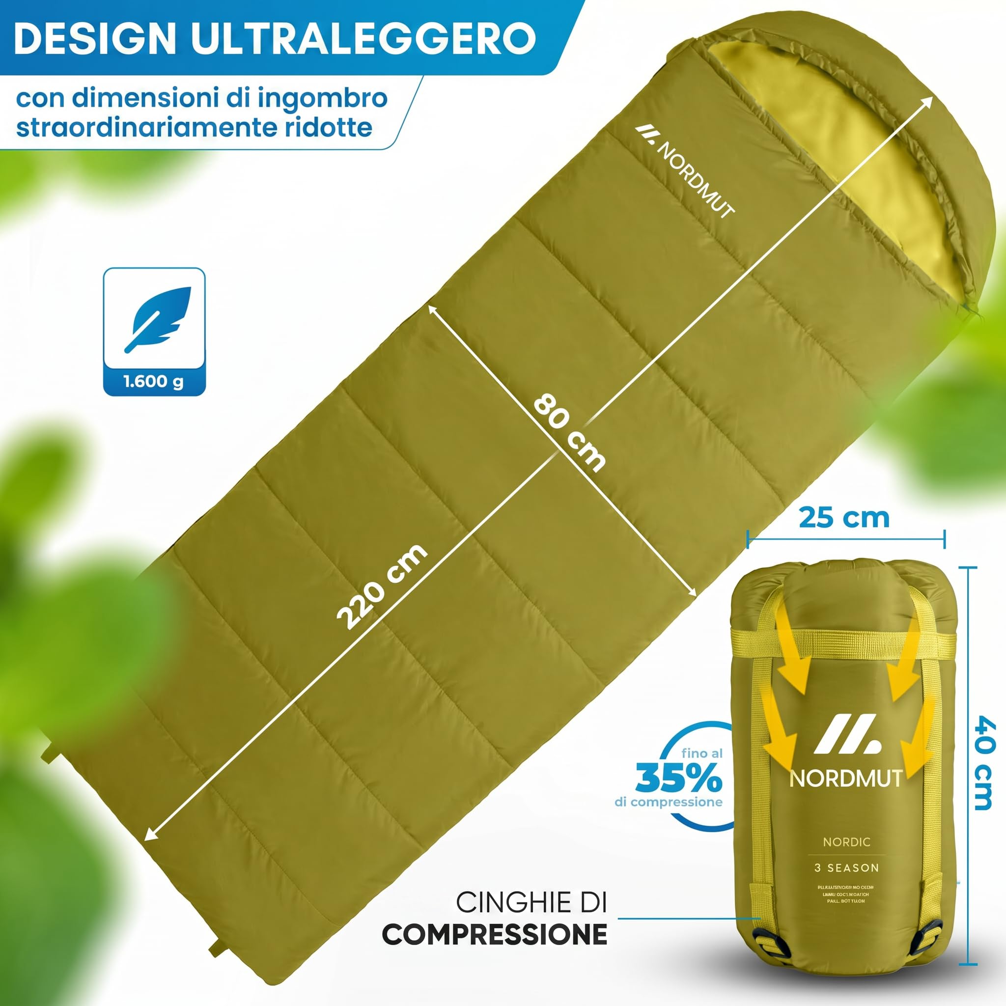 NORDMUT® Sacco a pelo coperta adulto con cerniera YKK a doppio senso – Dimensioni compatte & ultraleggero 1600 g – 3 stagioni (250 GSM) – Sacco a pelo per campeggio, outdoor & festival