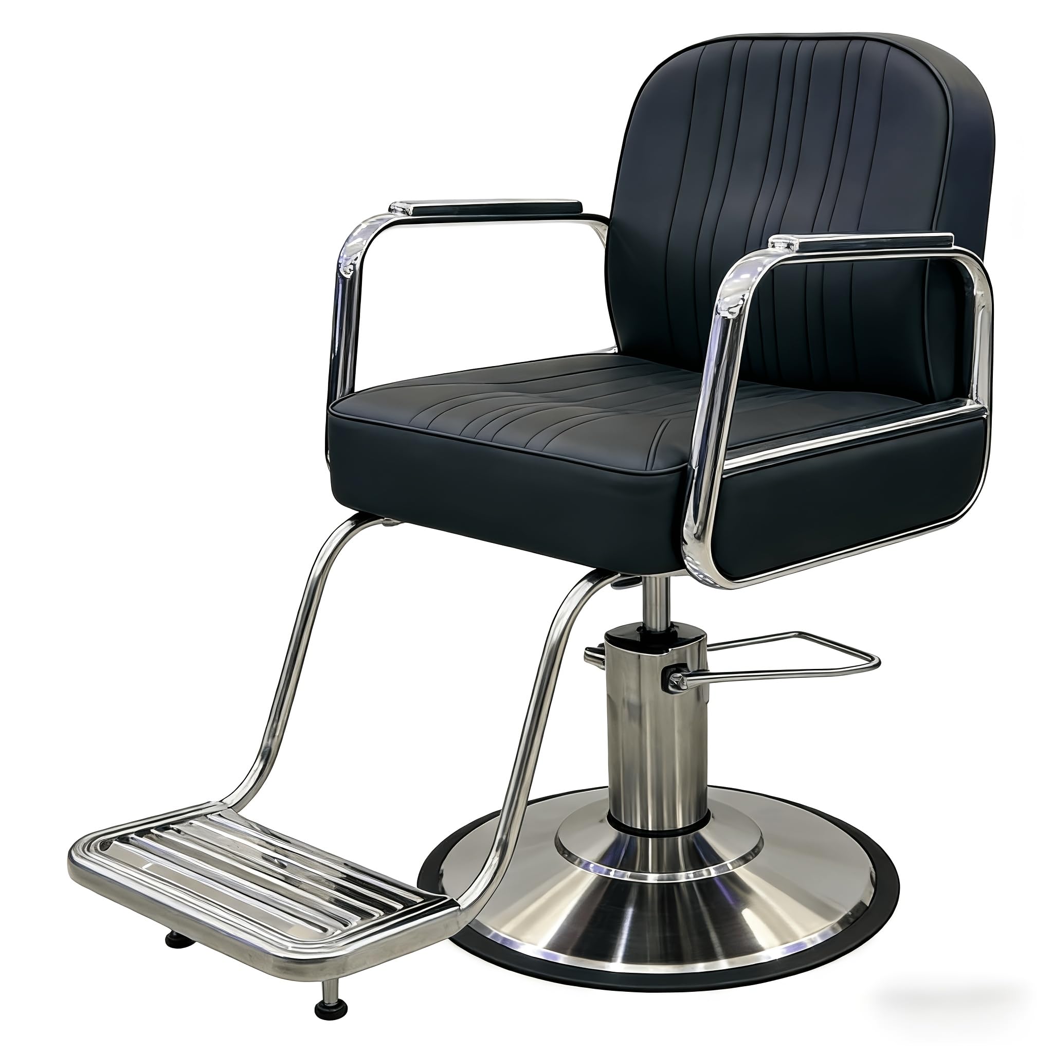 Sillón de peluquería hidráulico con estructura de acero inoxidable, tapizado con costuras verticales, reposapiés metálico, multifunción para barbería, salón de belleza, tatuaje y maquillaje