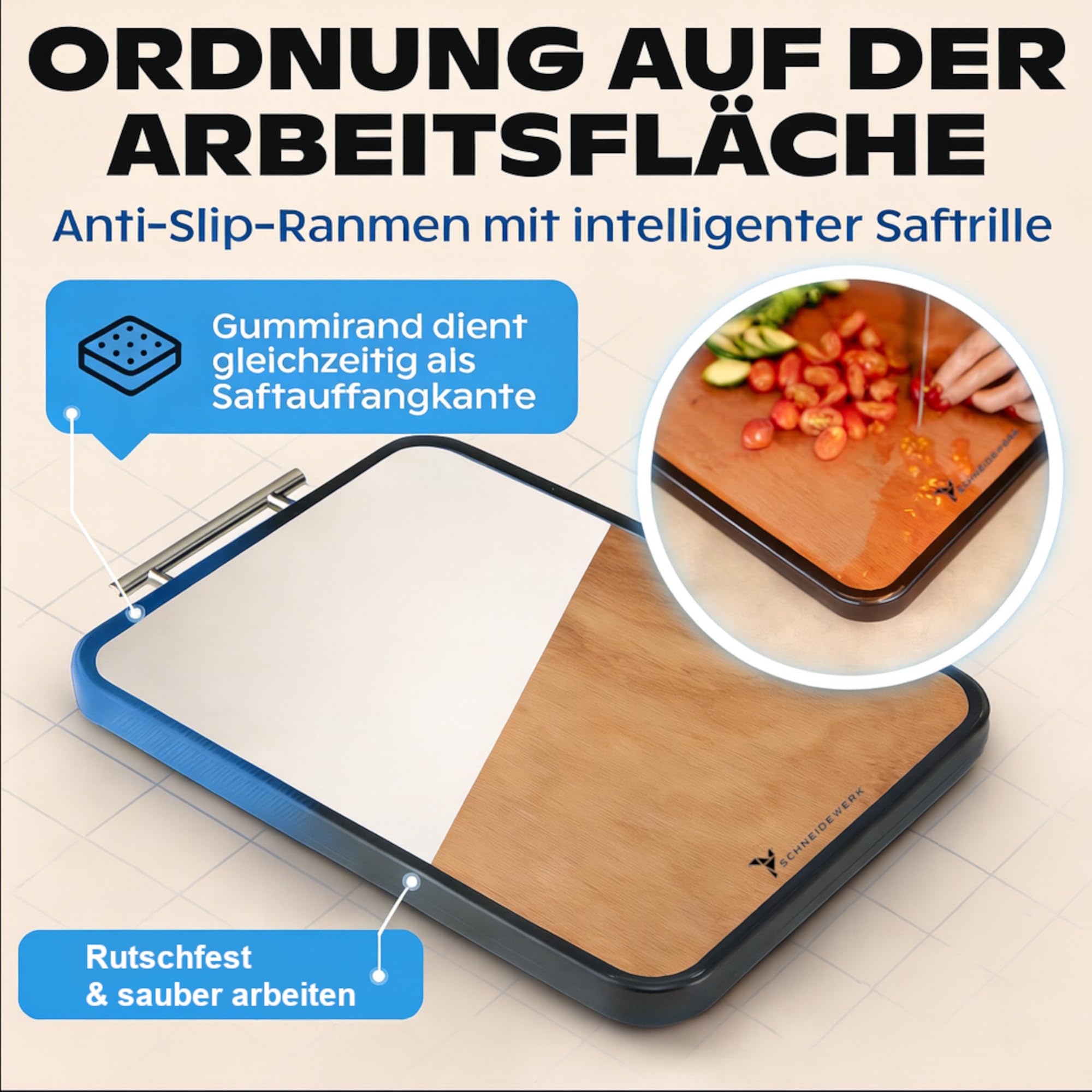 Doppelseitiges Schneidebrett Holz & Edelstahl – 2-in-1 Küchenbrett | Rutschfestes Cutting Board, Groß mit Saftrille & Anti-Slip-Rahmen | Schneidewerk