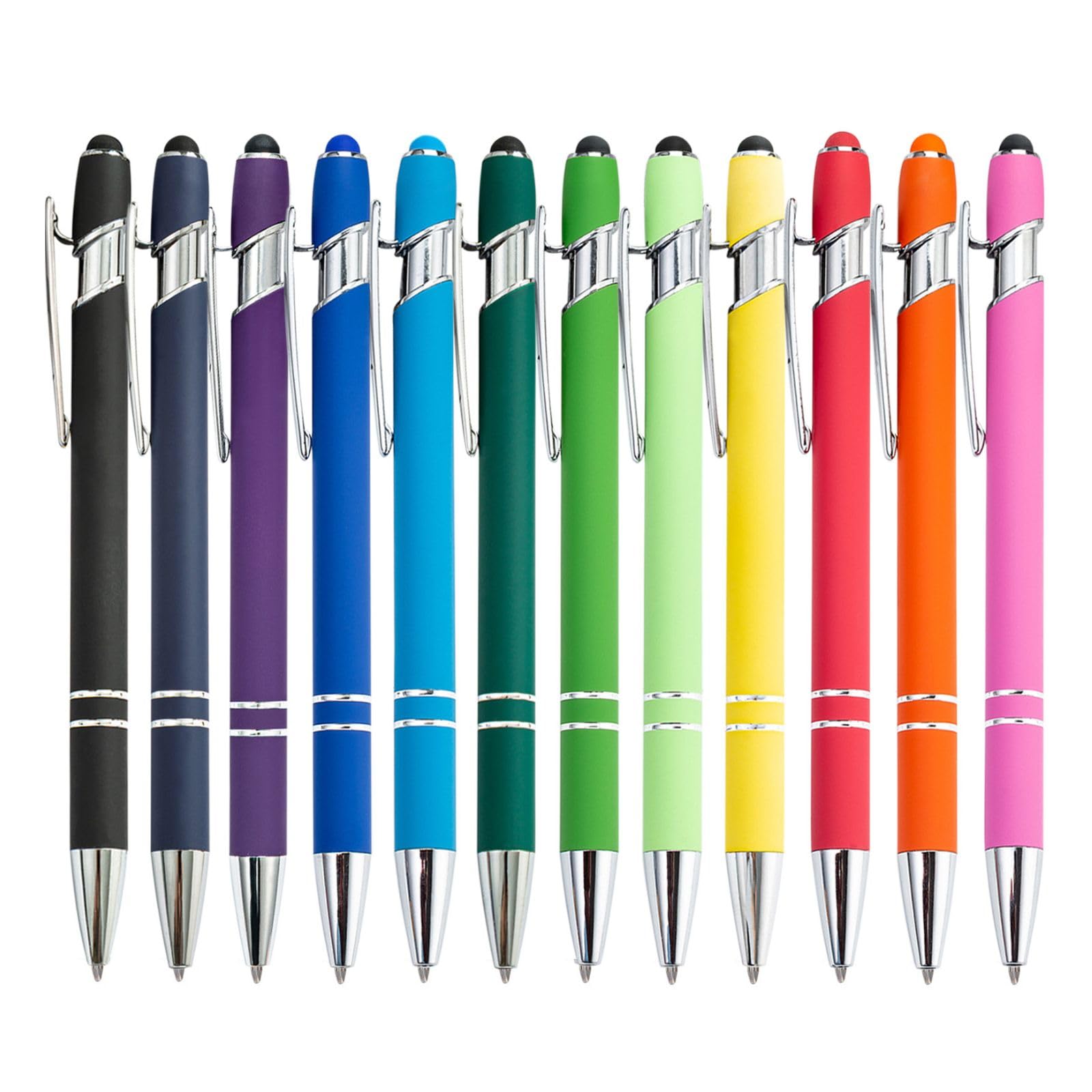 12 pcs Ballpoint Pens Retractable Multipack 2 in 1 Pens set with Stylus tip Black Ink funny pens for work colleagues cute stationary Women Men office gift(Rainbow)