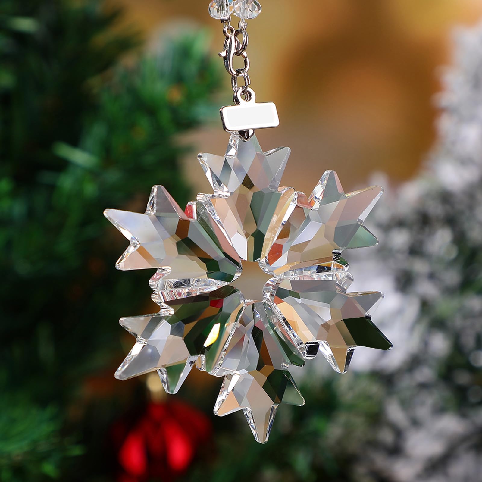 Remerry Lot de 4 décorations de Noël à suspendre en forme d'étoile et de flocon de neige en cristal transparent avec perles, chaîne, ruban et boîte cadeau pour fête de Noël (transparent)