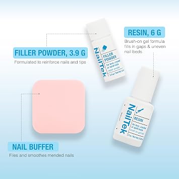 Nail Tek Nail Repair Kit for Torn, Cracked & Split Damaged Nails Strengthener with Resin, Filler Powder & Buffer, Manicure Care Set, 1 Pack