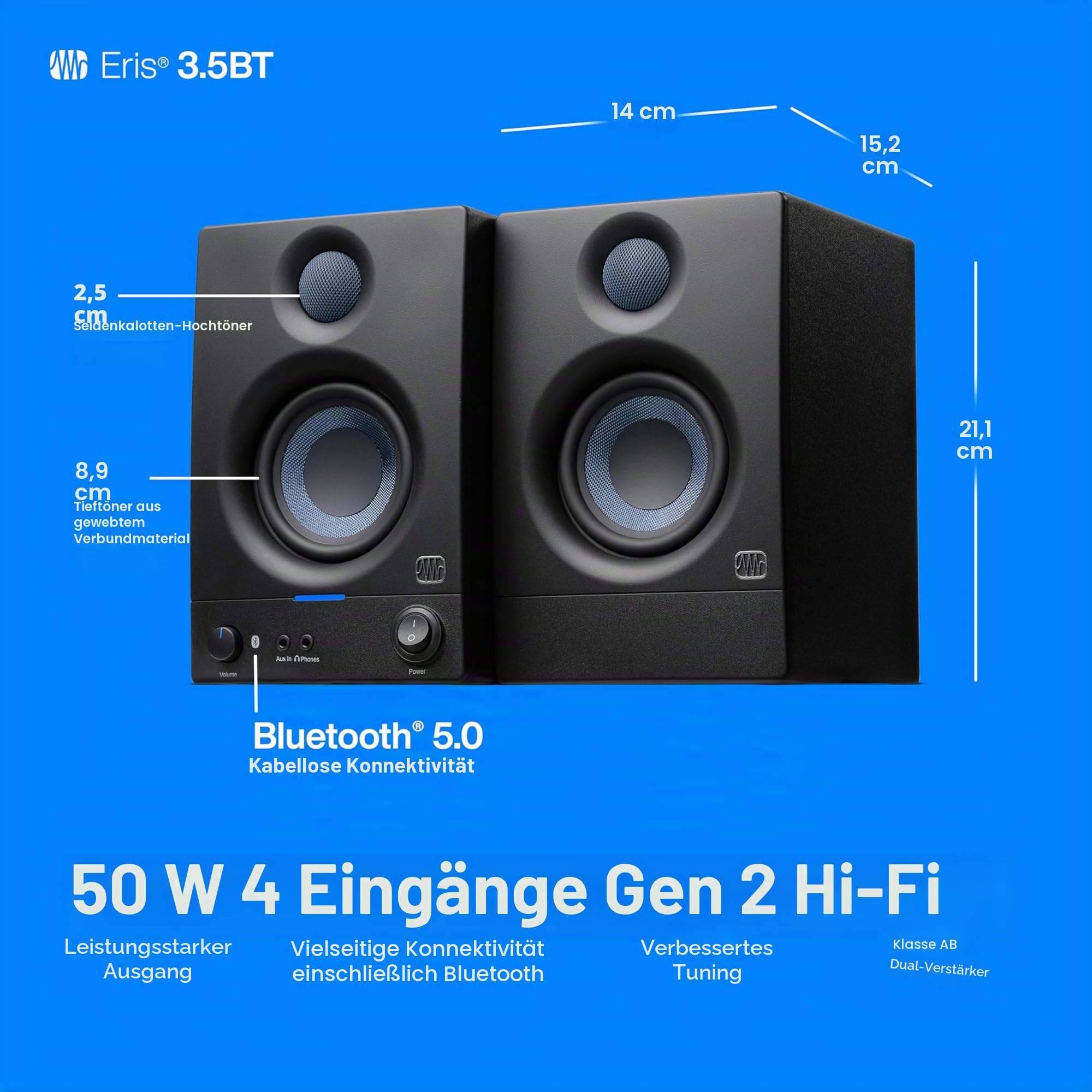 PreSonus Eris 3.5BT (2. Generation) 8,9 cm (3,5 Zoll) Nahfeld-Studio-Monitore mit Bluetooth | 50 W, Woofer aus gewebtem Verbundstoff, Silk-Dome Hochtöner, Schwarz