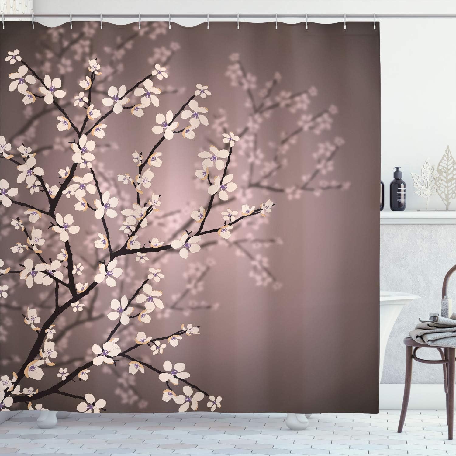 Ambesonne Japanese Shower Curtain, Spring Season Sakura Bloom Design Marine Toned Ombre Color Background, Cloth Fabric Bathroom Decor Set with Hooks, 75" Long, Pale Coffee