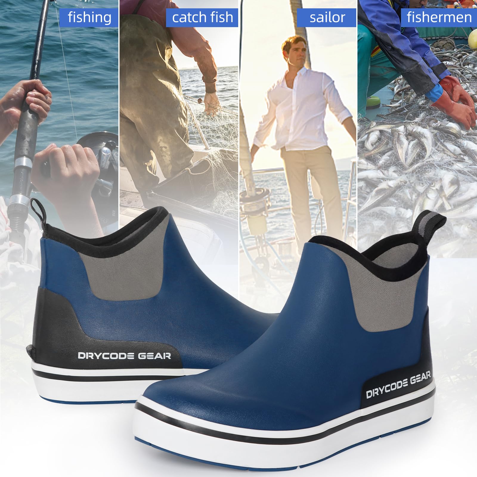 DRYCODE Rain Boots Men, Waterproof Fishing Deck Boots, Anti-Slip Ankle Rubber Boots, Outdoor Rain Shoes for Mens Boating, Womens Gardeningï¼ˆBlue,Size 14)