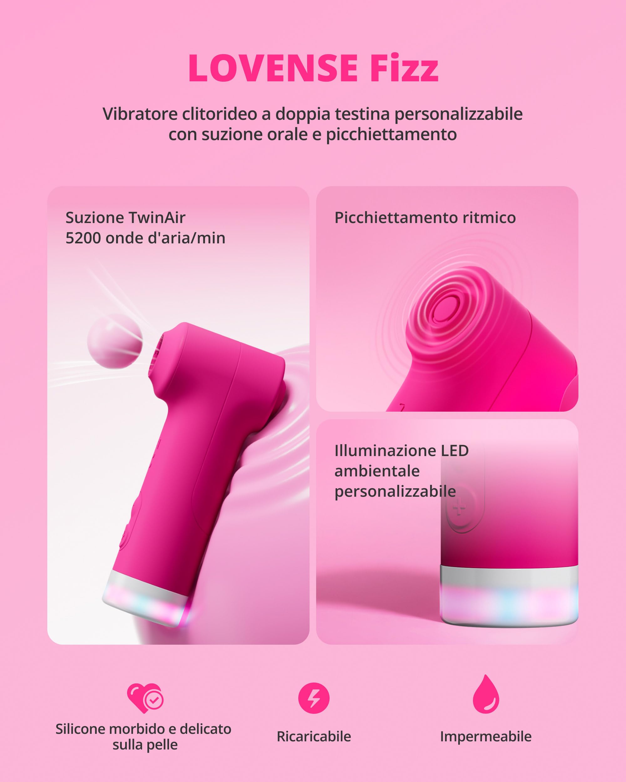 LOVENSE Fizz Vibratore Clitorideo a Doppia Testa, Aspirazione Orale | Succhia clitoride a doppia testina con suzione e tocchi rapidi, app, luce LED, silicone body-safe e impermeabile IPX7