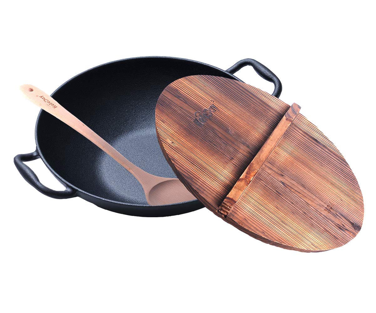 Keleday14 Inch Pre-seasoned Cast Iron Wok Flat Bottom Stir Fry Pan with Wooden Lid & Spatula