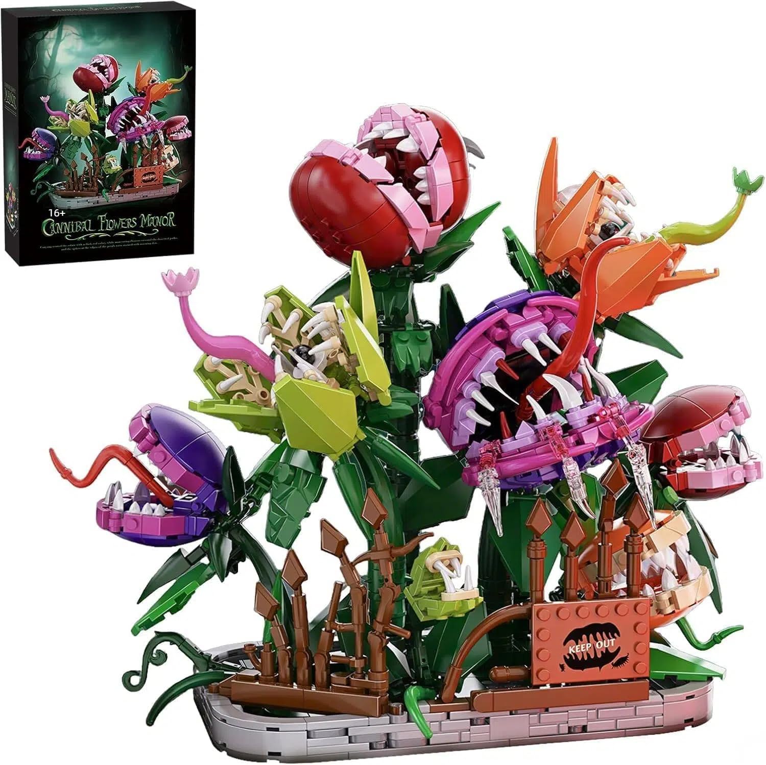 Fleischfressende Blume als Topfpflanze Bausteine Bausatz, 1266 Teile | Horror Blumen Modellbausatz, Gelenkige Kannibalenblume mit Topf Baustein Set, Kreative Botanik Dekoration