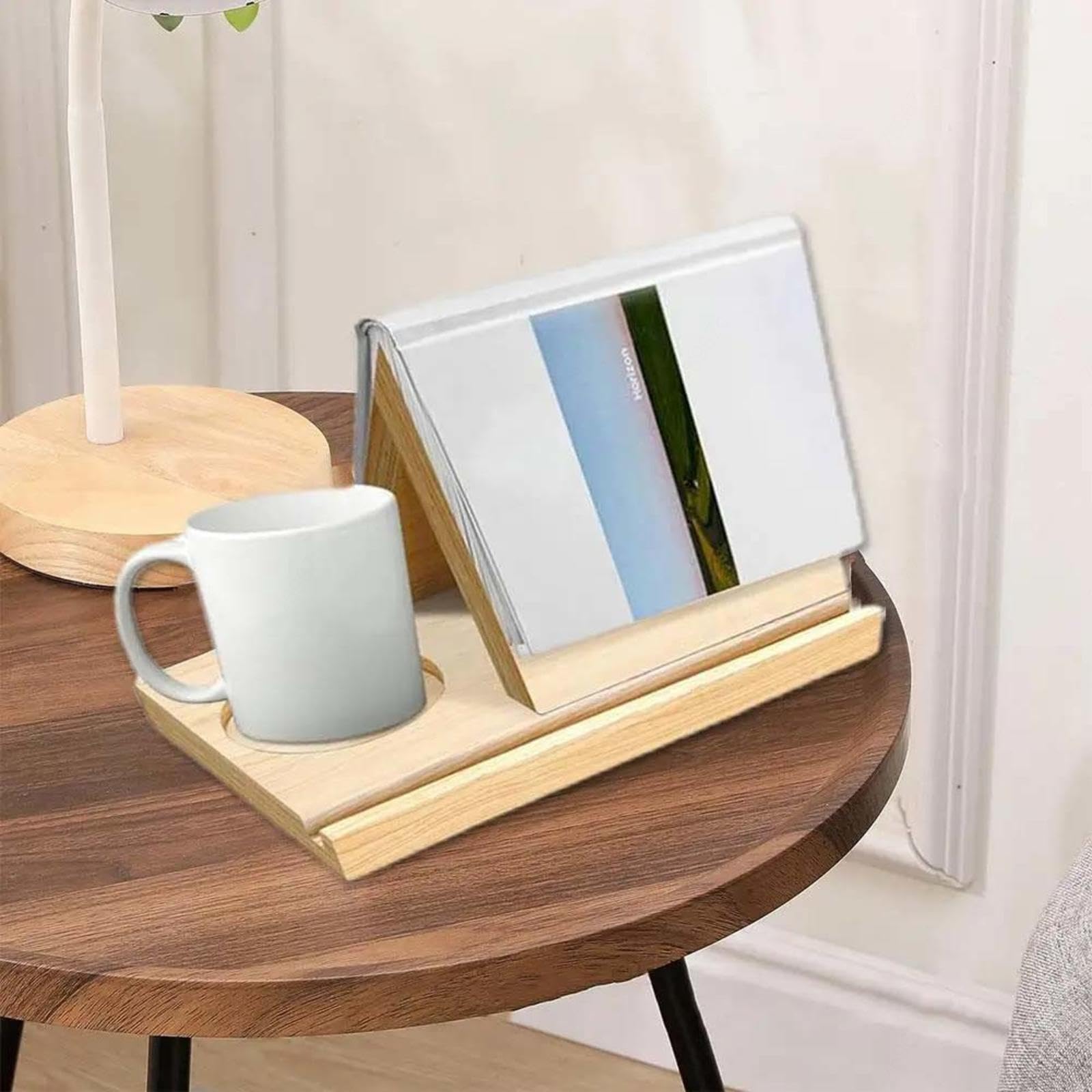 MEGREZ Support De Livre Triangulaire Pour La Lecture, Repose-livre En Bois Avec Porte-gobelet, Mini Bibliothèque Triangulaire Pour Les Amateurs De Livres, Chrysanthème