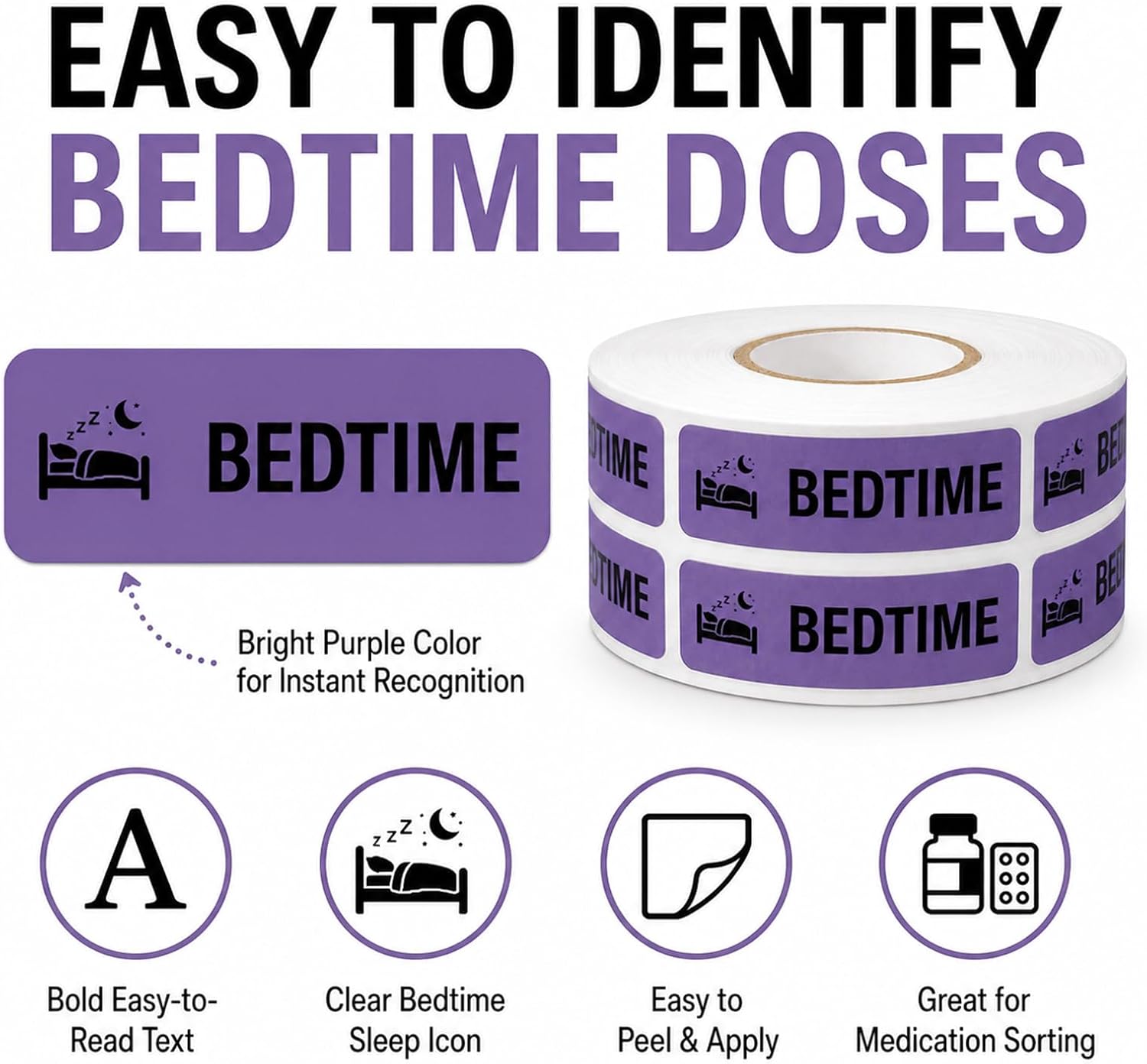 1000 PCS Bedtime Medicine Stickers 1.5" x 0.5" Self Adhesive Vinyl