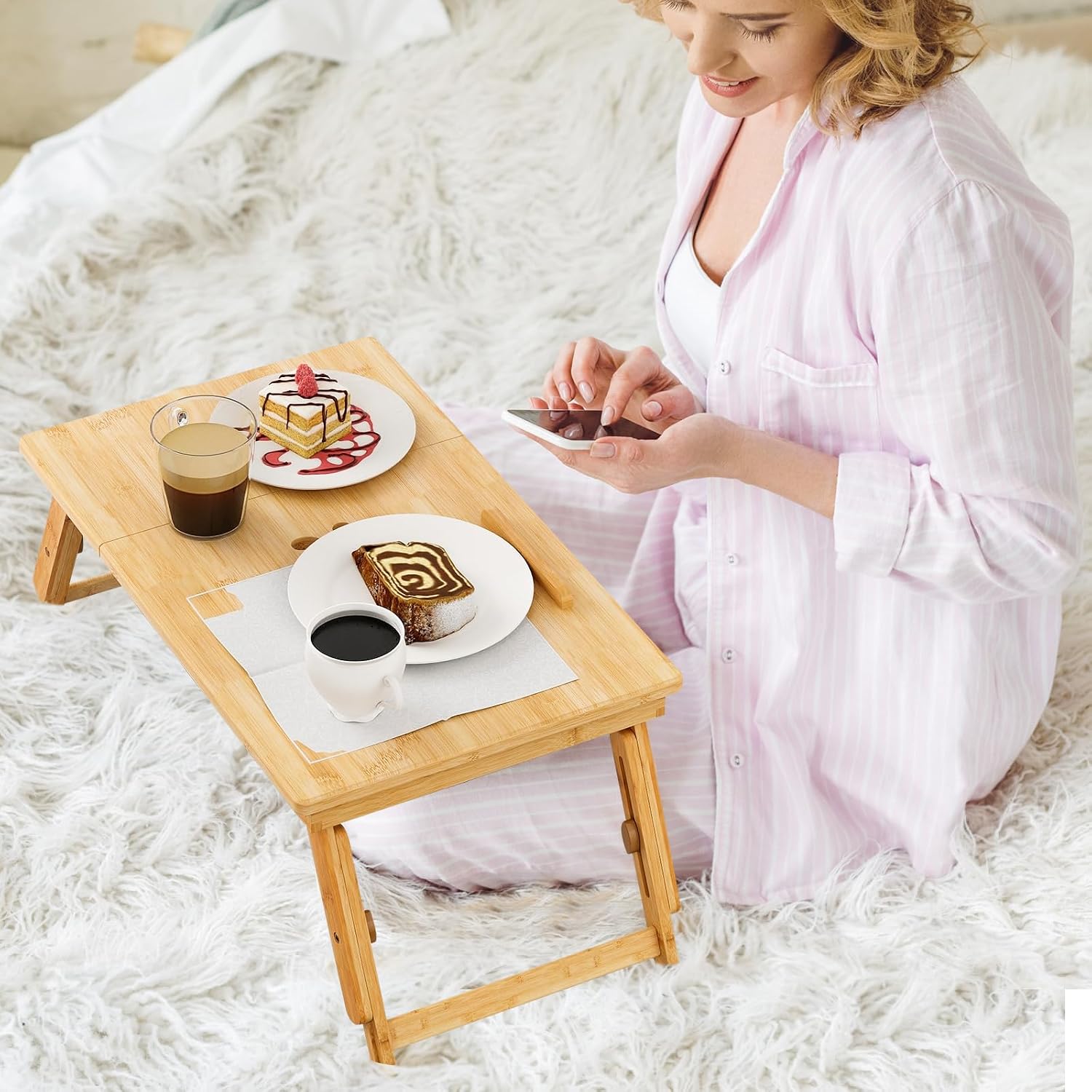 Giantex Bamboo Laptop Desk for Bed, Height & Angle Adjustable Foldable Bed Tray with Tilting Top Drawer and Ventilation Holes, Portable Laptop Stand Bed Desk for Working Reading Writing Breakfast