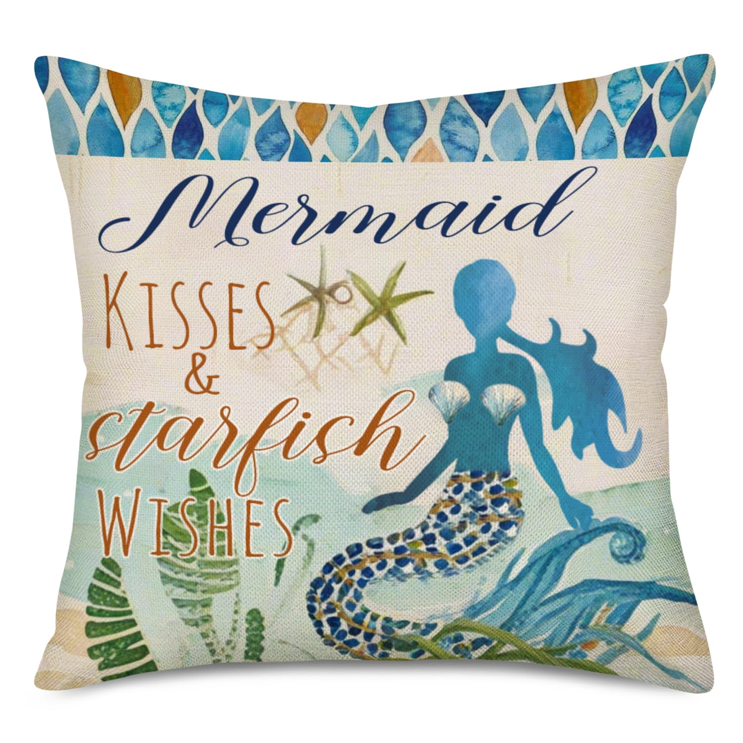 Easternproject Mermaid Throw Pillow Cover Blue Ocean Sea Mermaid Kisses Starfish Wishes Coral Coastal Pillow Cases 18x18 Inch