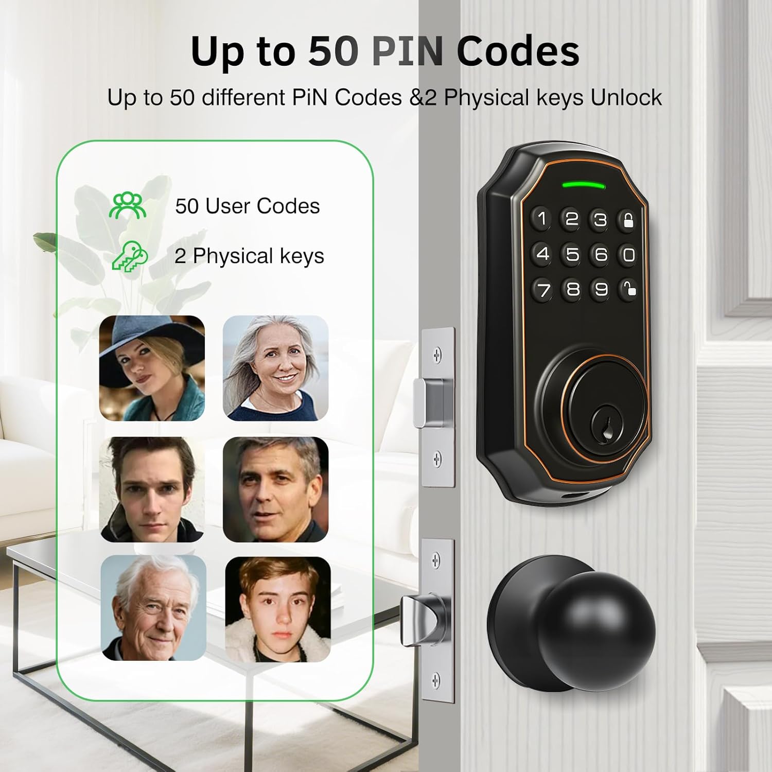 Smart Keyless Entry Door Lock with 2 Knobs,Front Door lock Handle Set,Electronic Digital Keypad Deadbolt,Auto Lock,50 User Codes,Voice Prompts,Anti-Peeking Password,Home, Apartment,Satin Nickel