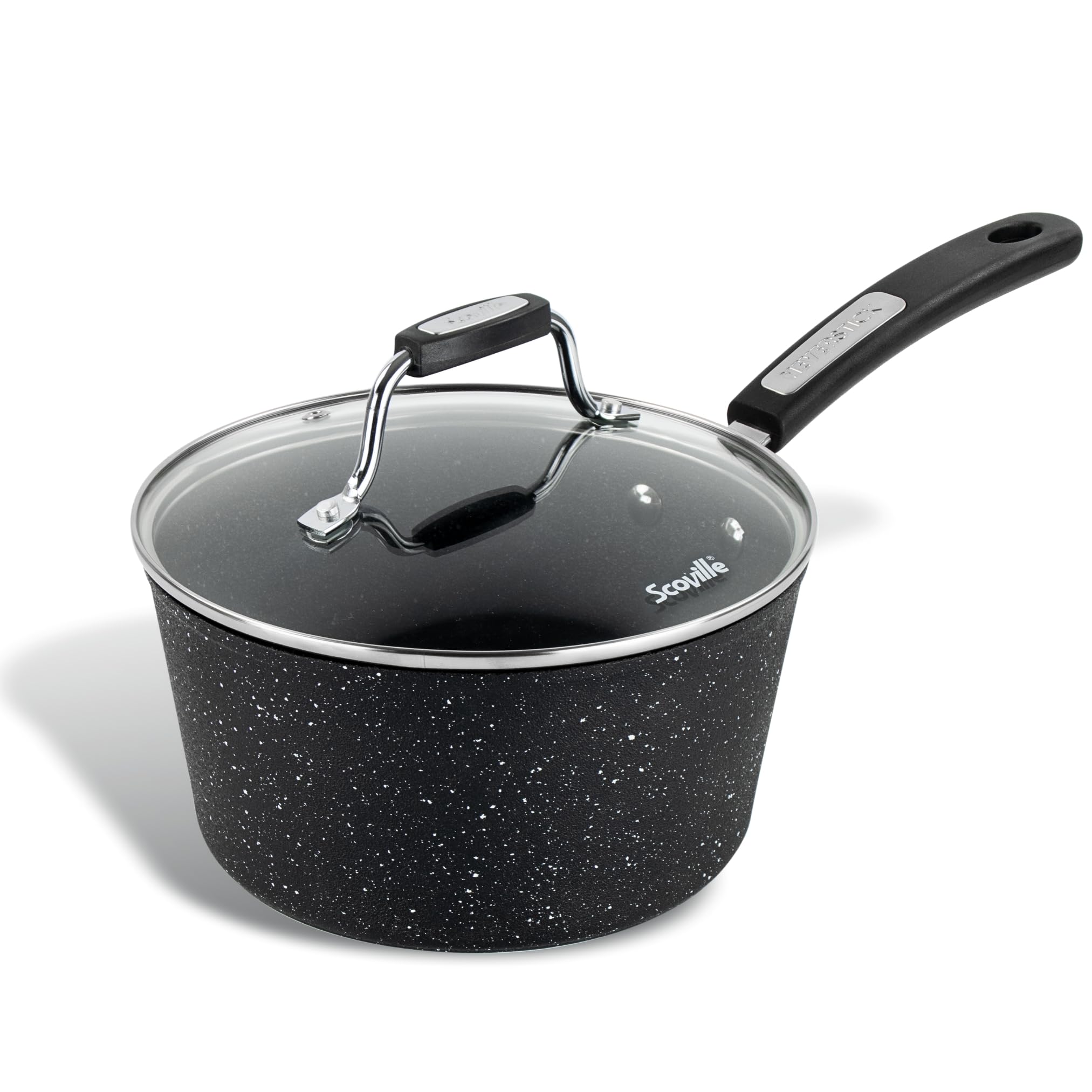 NEVERSTICK 20cm Saucepan with Lid, Non Stick Saucepan, 2L Capacity, Suitable for All Hobs Including Induction, Cool-Touch Handle, PFOA Free, Dishwasher Safe, Aluminium, Black