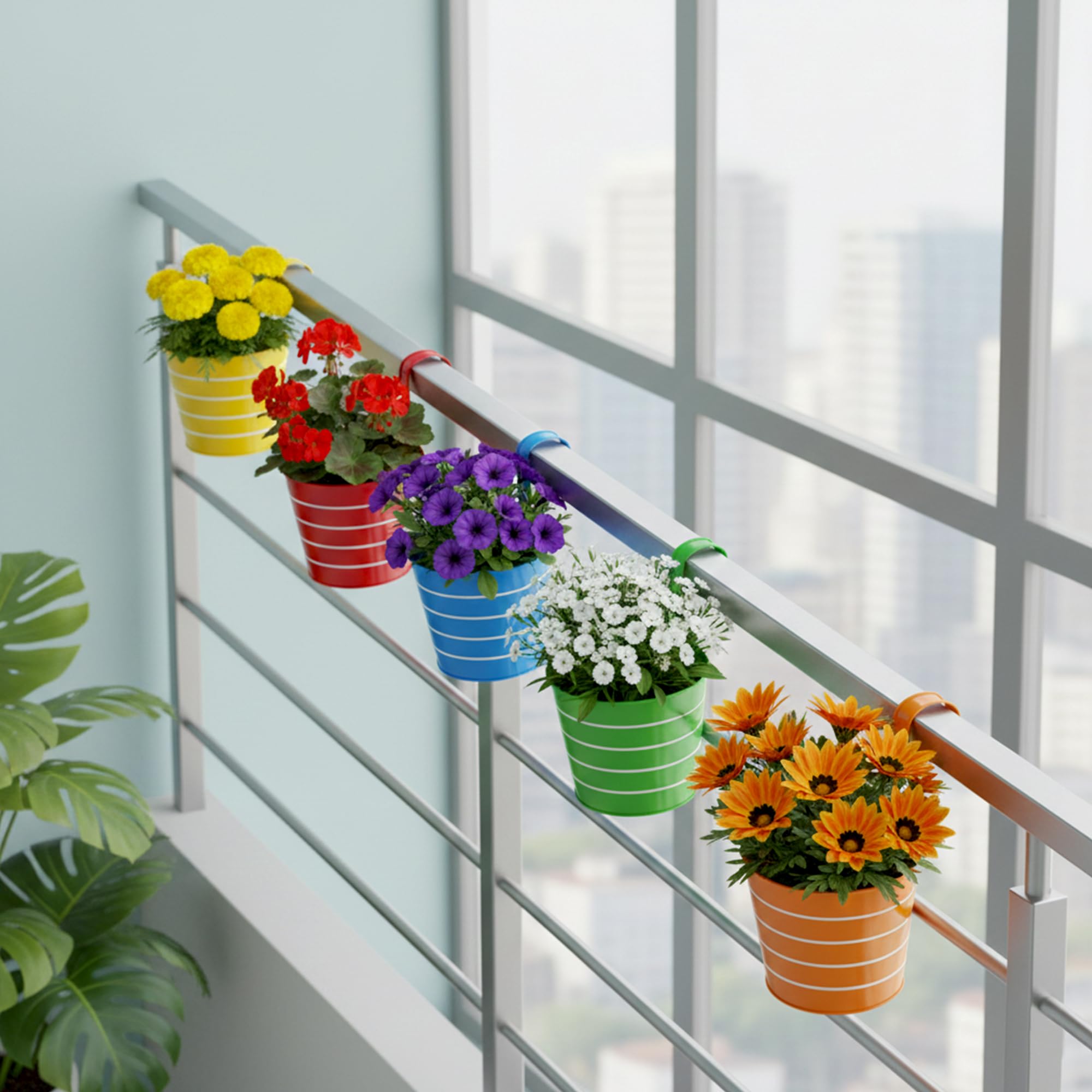 Urban Plant Railing Hanging Metal Planter Pot | Gamla for Balcony | Bucket Planter for Home Decor | Pot for Indoor & Outdoor - Pack of 5 (Lining) 4