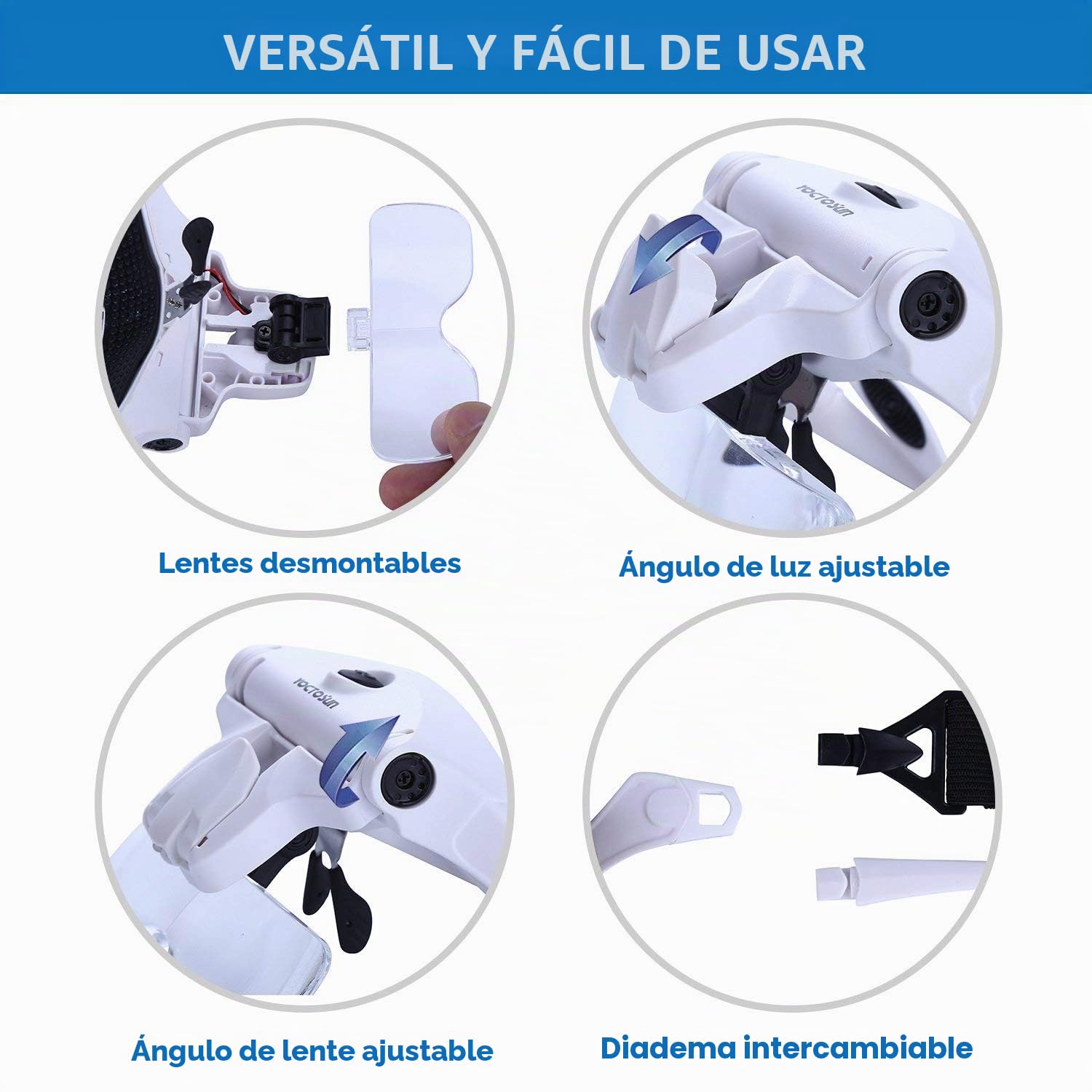 YOCTOSUN Lupas con luz LED, Lupa de Montaje en la Cabeza con 5 Lentes, Diadema, Estuche de Almacenamiento, Visera de Aumento de Cabeza iluminada Manos Libres para Trabajos cercanos y Manualidades