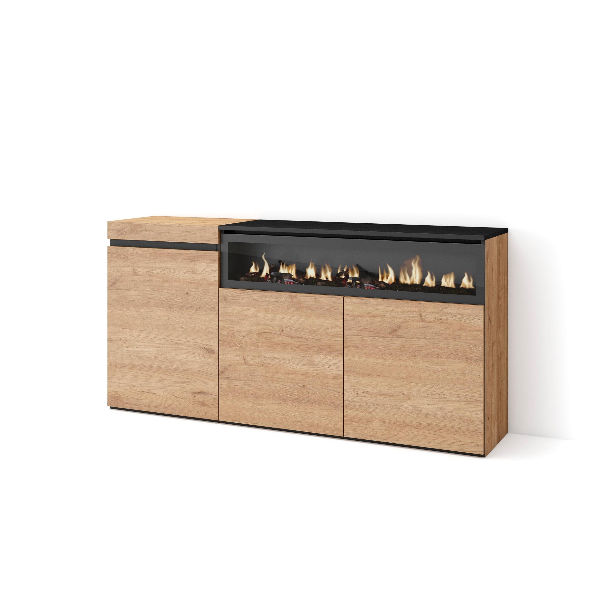 Buffet avec cheminée électrique Skraut Home : l'esprit chaleureux du salon moderne en chêne et noir