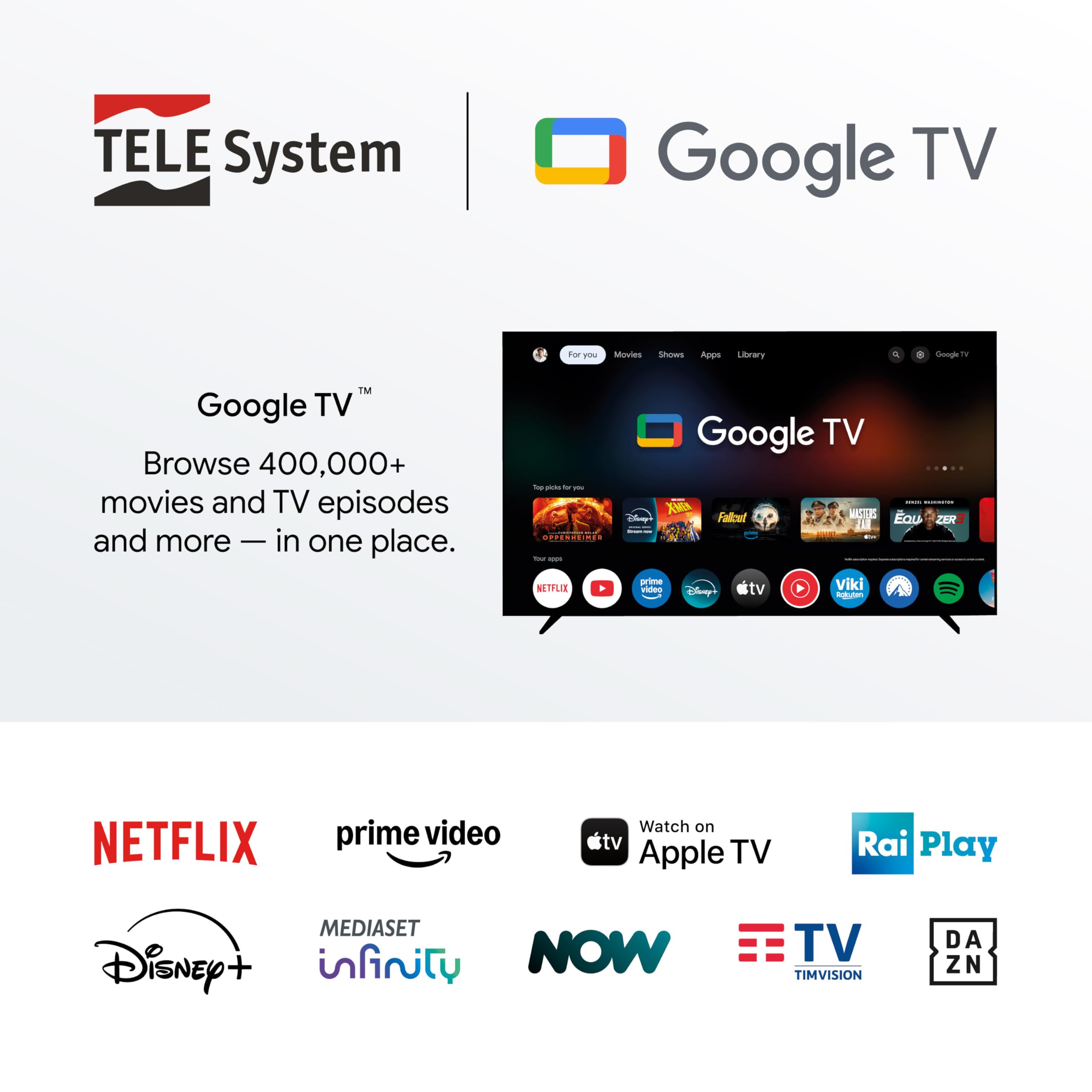 TELE System UP Stick Google TV 4K UHD HDMI, Wi-Fi Dual Band, Dolby Vision/Atmos, Google Assistant, 32GB, HDR10+, Telecomando Voice Control 2in1, Streaming Netflix, Prime Video, Disney+, YouTube